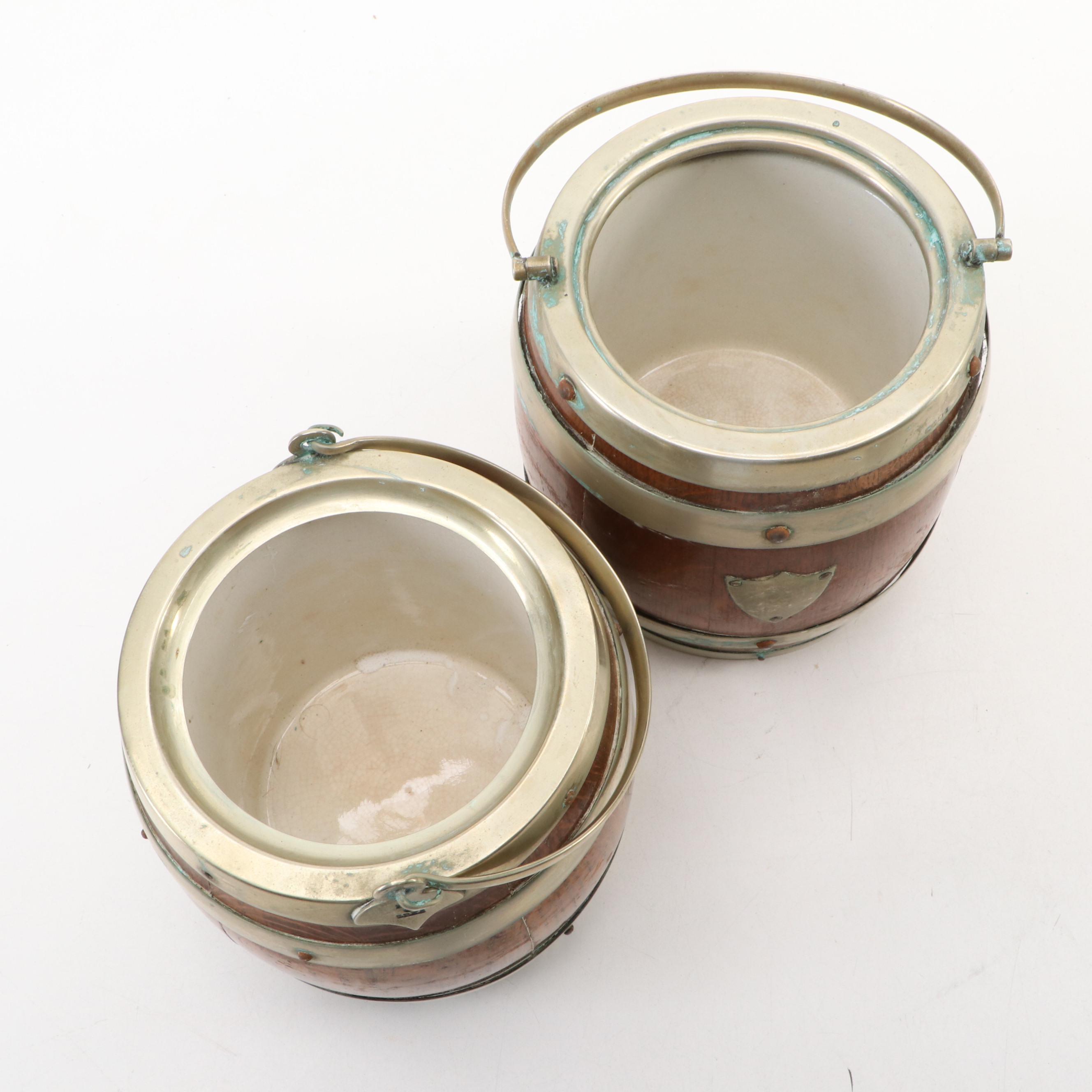 English Silver Plate Banded Oak Biscuit Barrels, Late 19th/ Early 20th Century