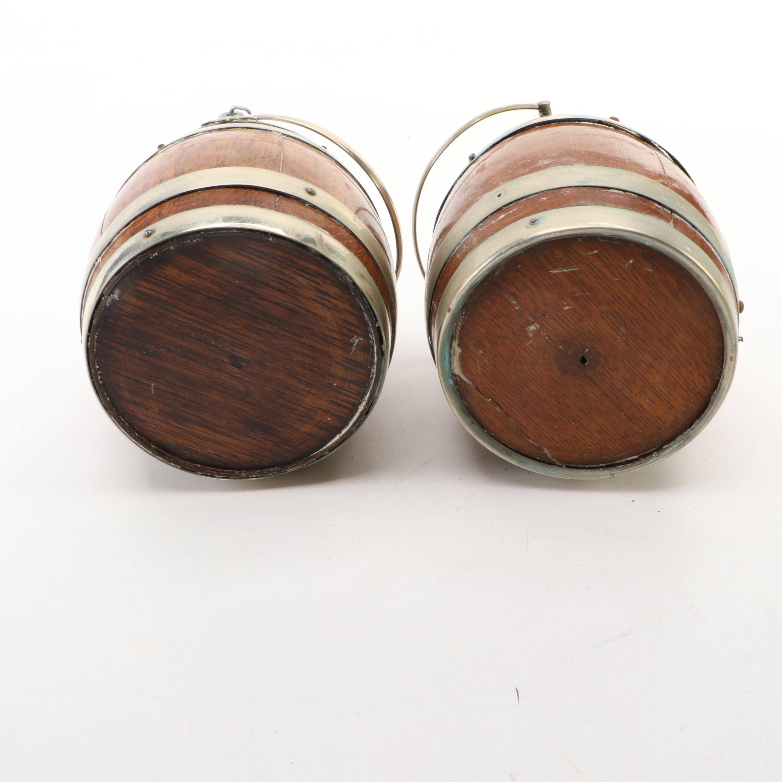 English Silver Plate Banded Oak Biscuit Barrels, Late 19th/ Early 20th Century