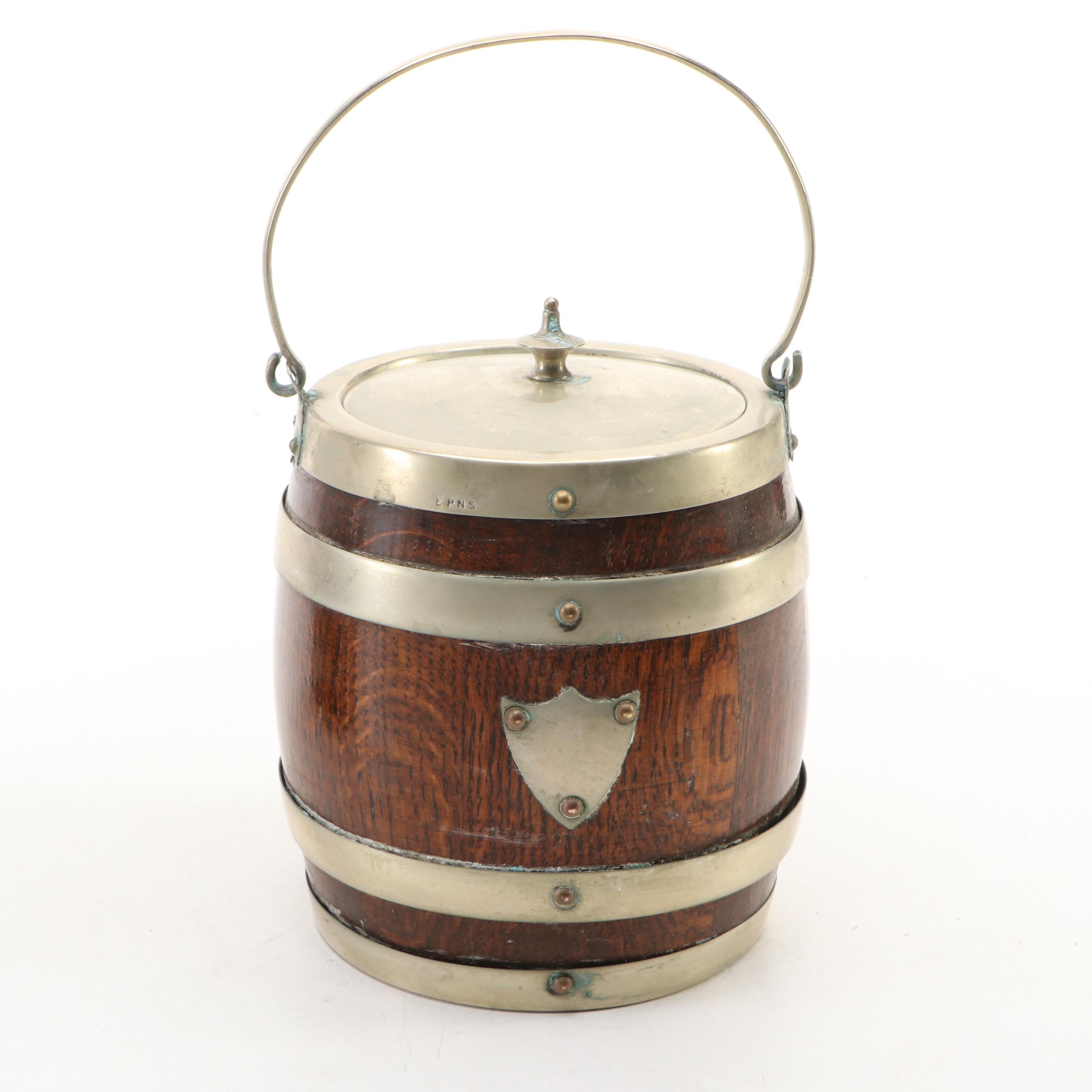 English Silver Plate Banded Oak Biscuit Barrels, Late 19th/ Early 20th Century