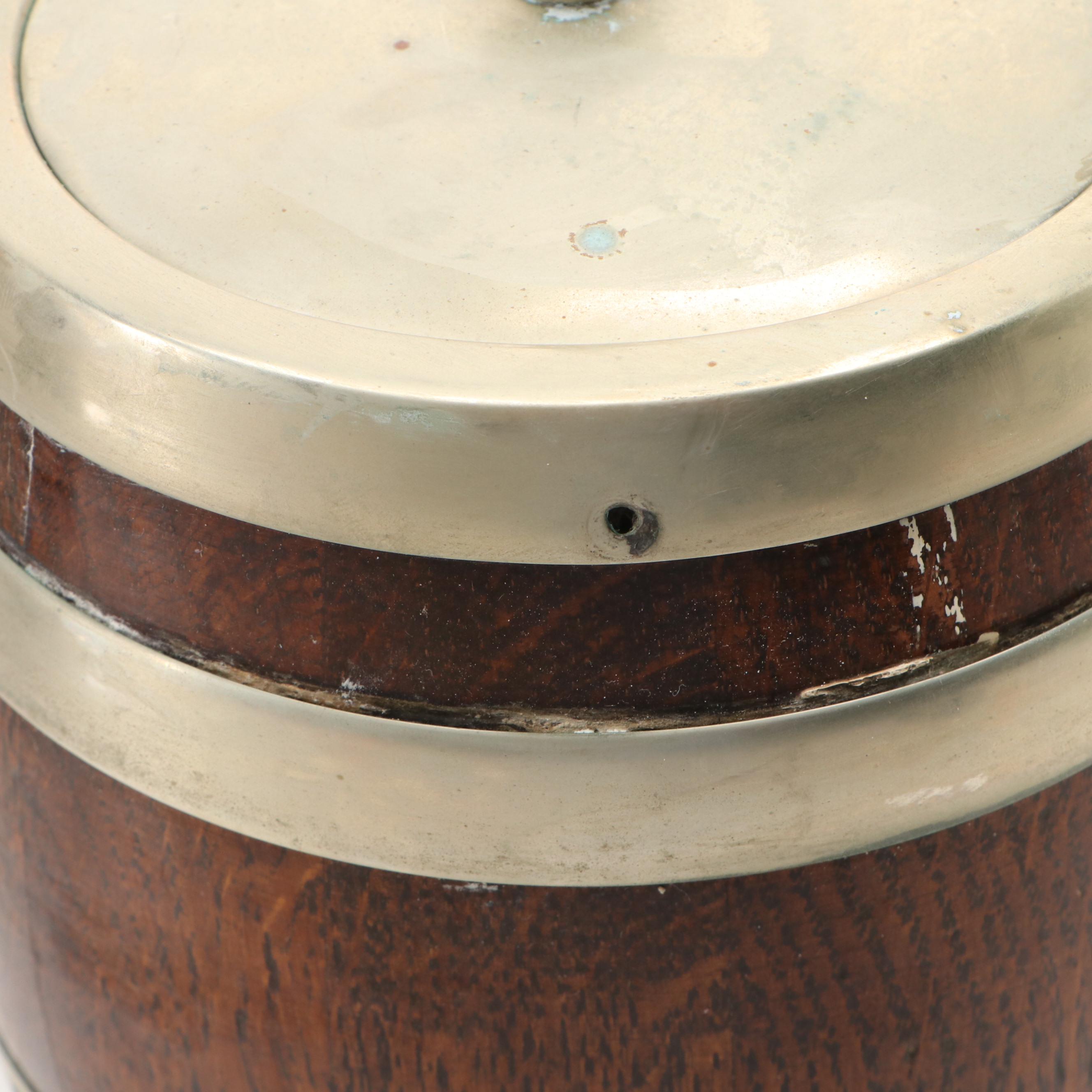 English Silver Plate Banded Oak Biscuit Barrels, Late 19th/ Early 20th Century