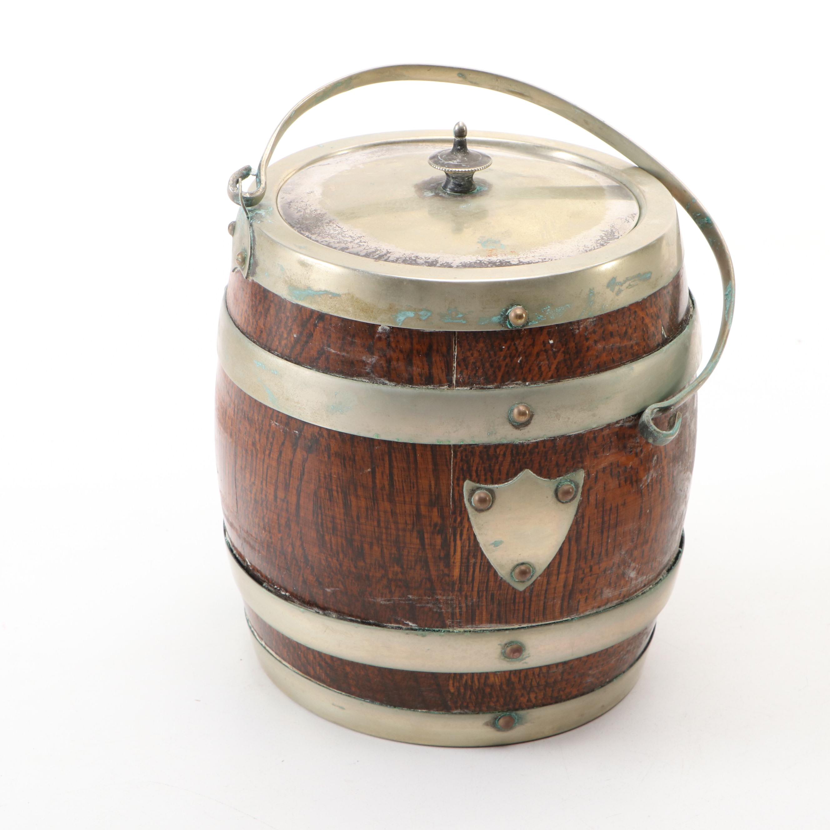 English Silver Plate Banded Oak Biscuit Barrels, Late 19th/ Early 20th Century