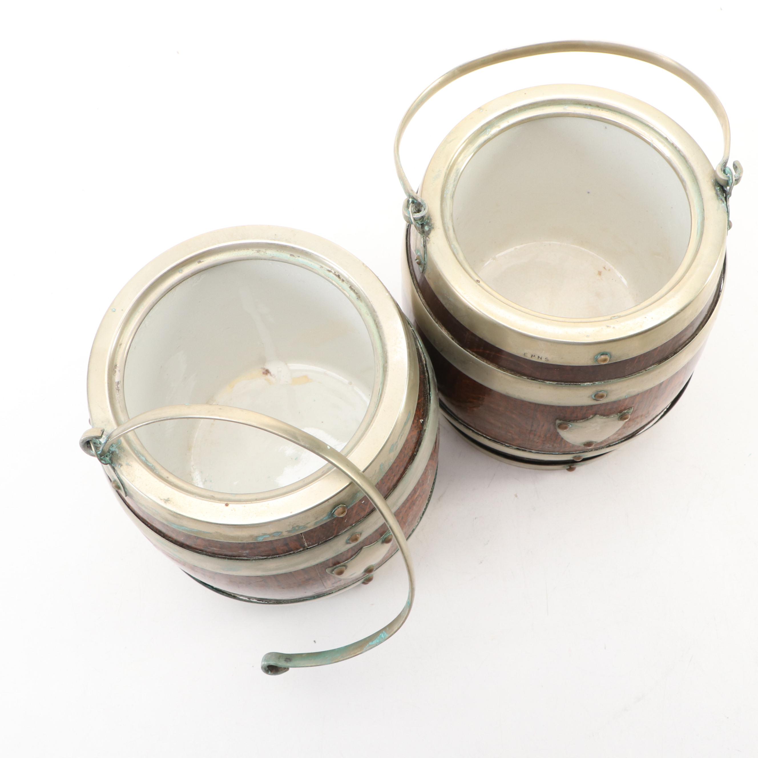 English Silver Plate Banded Oak Biscuit Barrels, Late 19th/ Early 20th Century