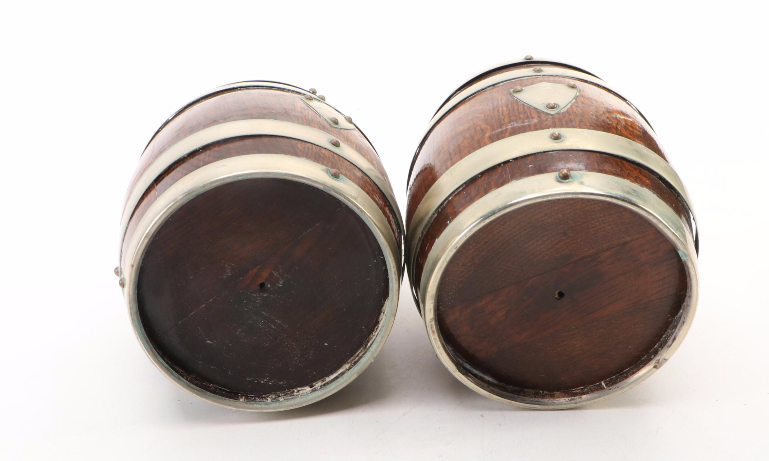 English Silver Plate Banded Oak Biscuit Barrels, Late 19th/ Early 20th Century