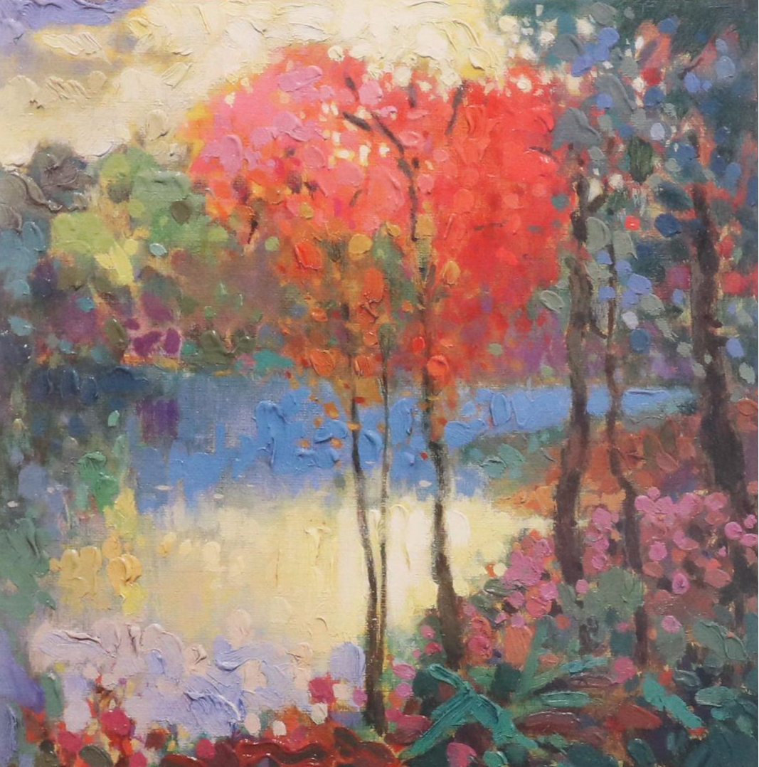 Offset Lithograph of Impressionist Style Pond Landscape