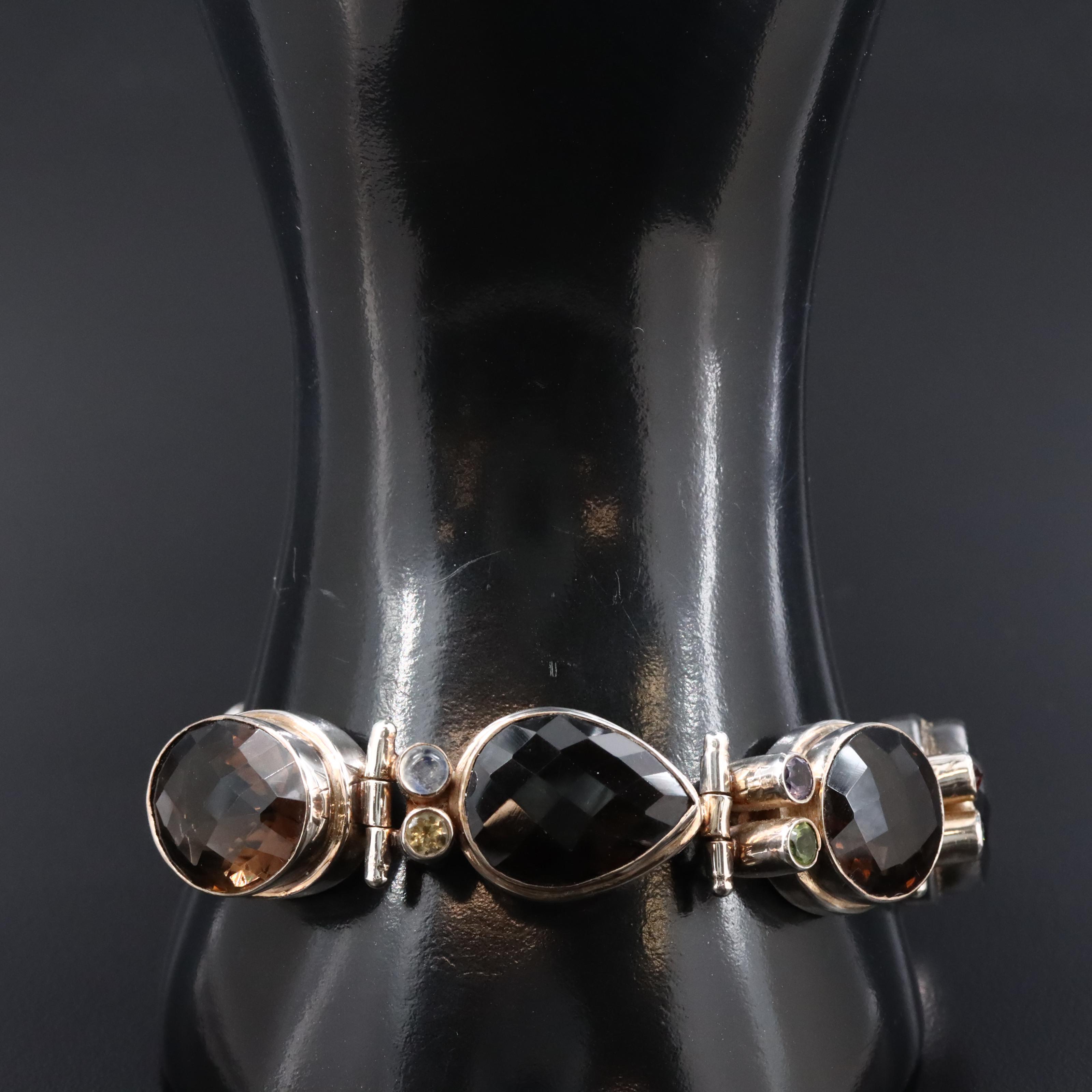 Sterling Gemstone Bracelet Featuring Smoky Quartz, Moonstone and Amethyst
