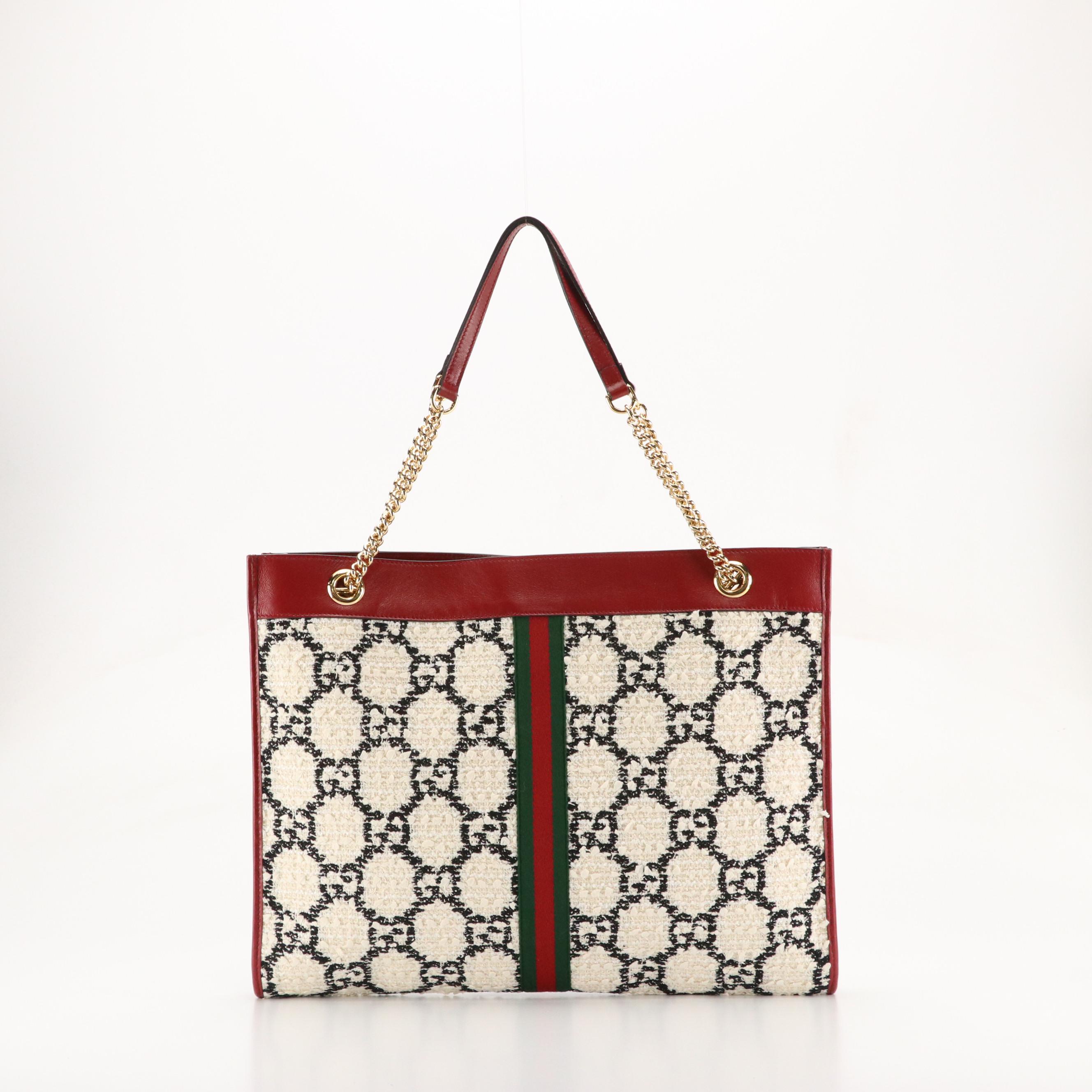 Gucci Large Rajah Black & White Tweed Monogram & Web Tote with Red Leather Trim