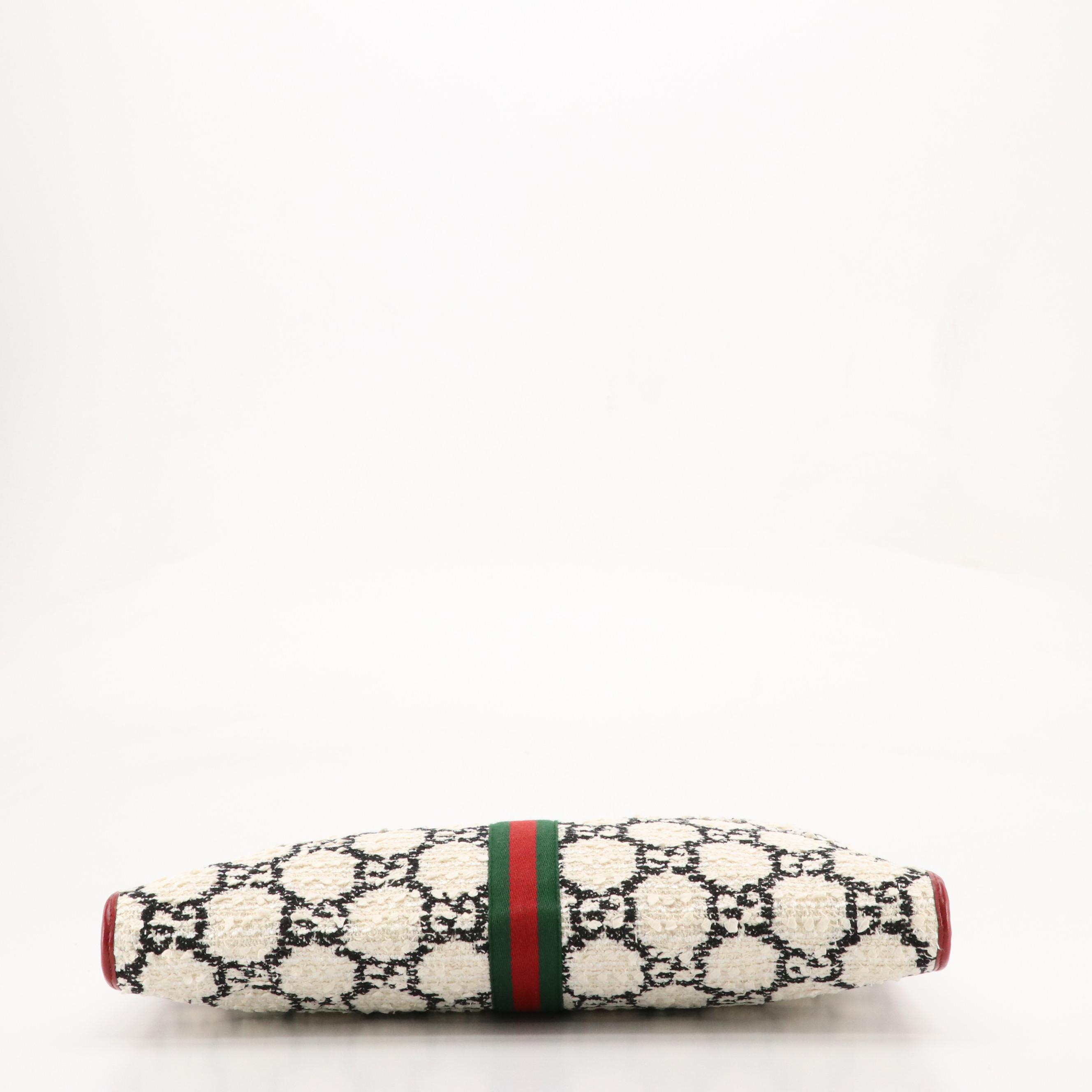 Gucci Large Rajah Black & White Tweed Monogram & Web Tote with Red Leather Trim