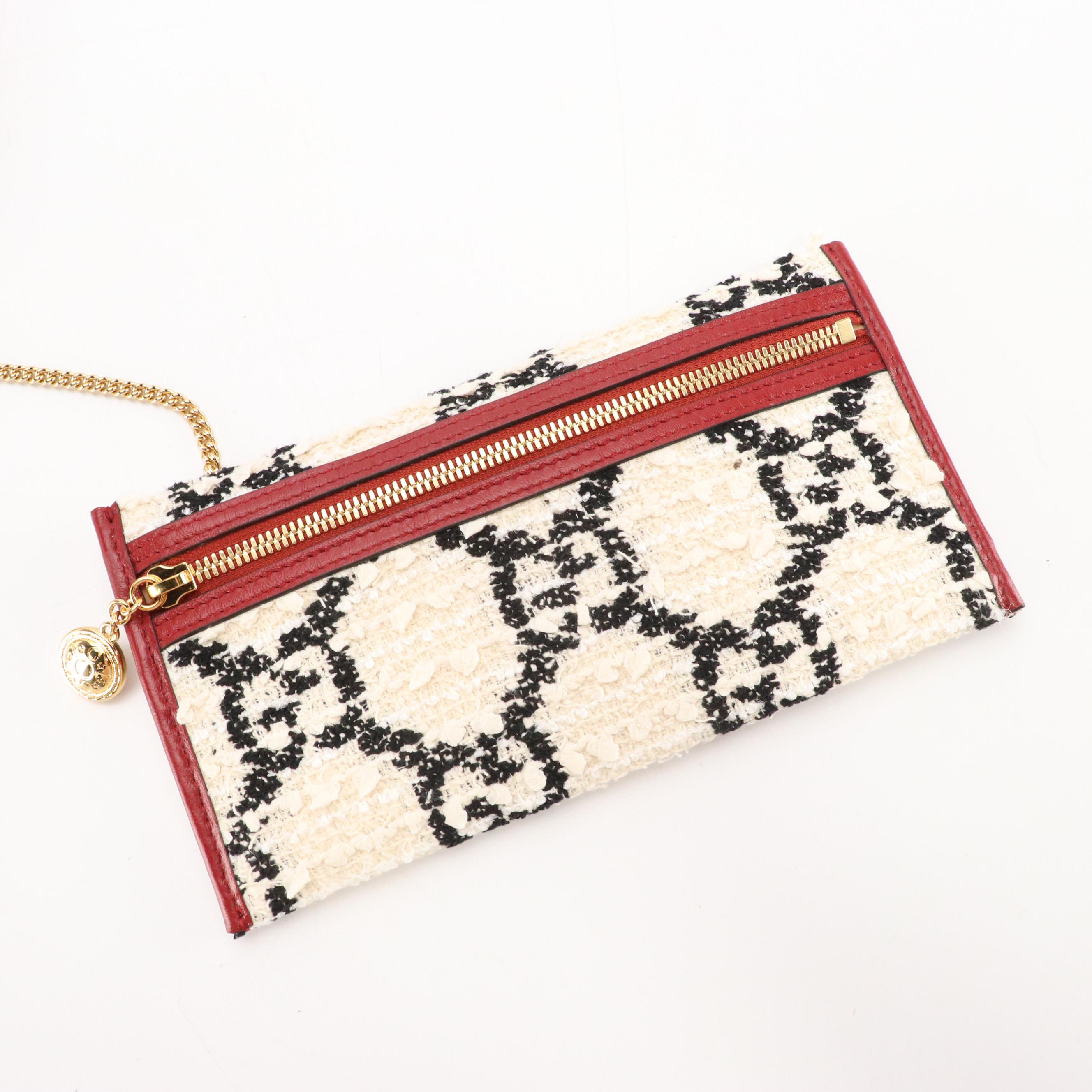 Gucci Large Rajah Black & White Tweed Monogram & Web Tote with Red Leather Trim