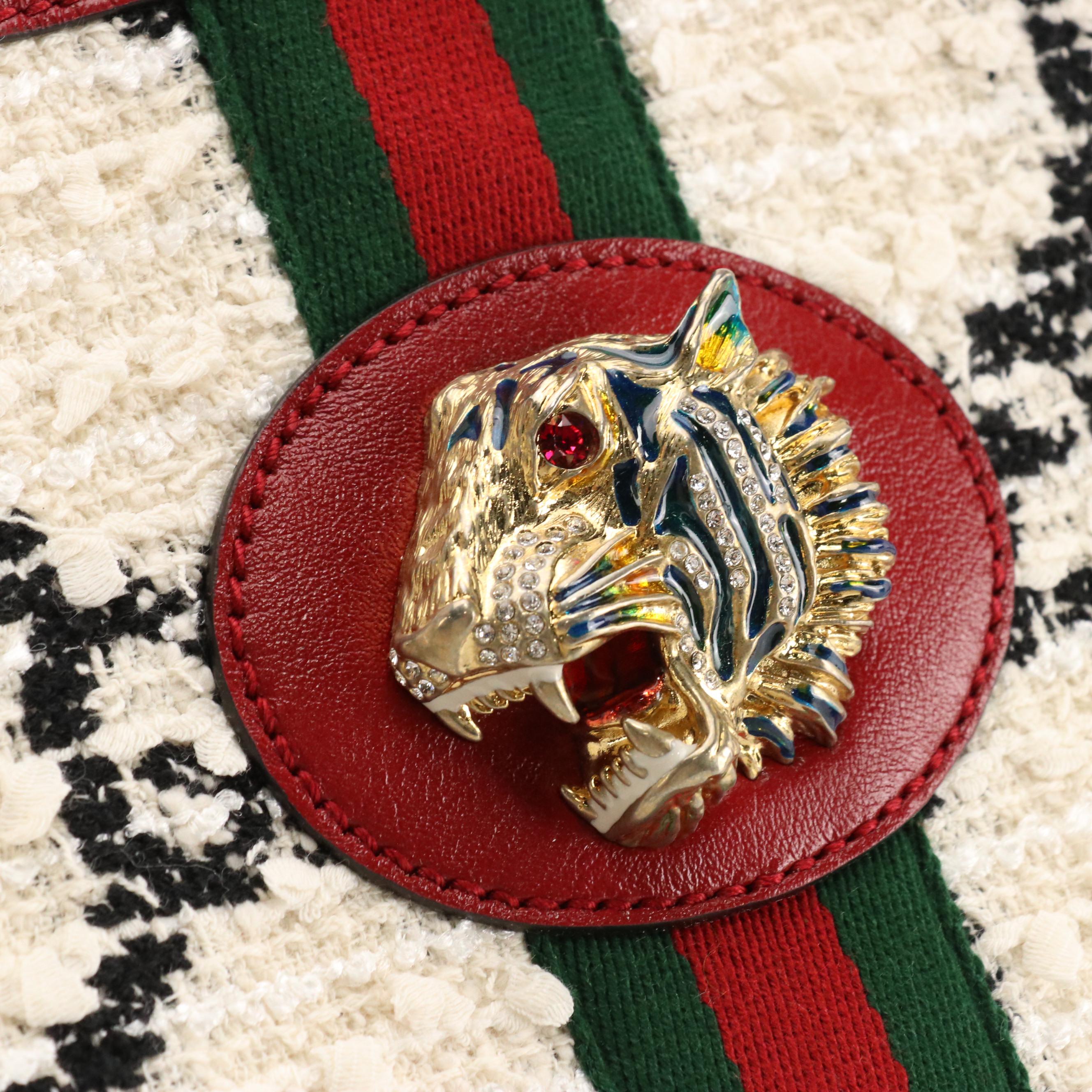 Gucci Large Rajah Black & White Tweed Monogram & Web Tote with Red Leather Trim