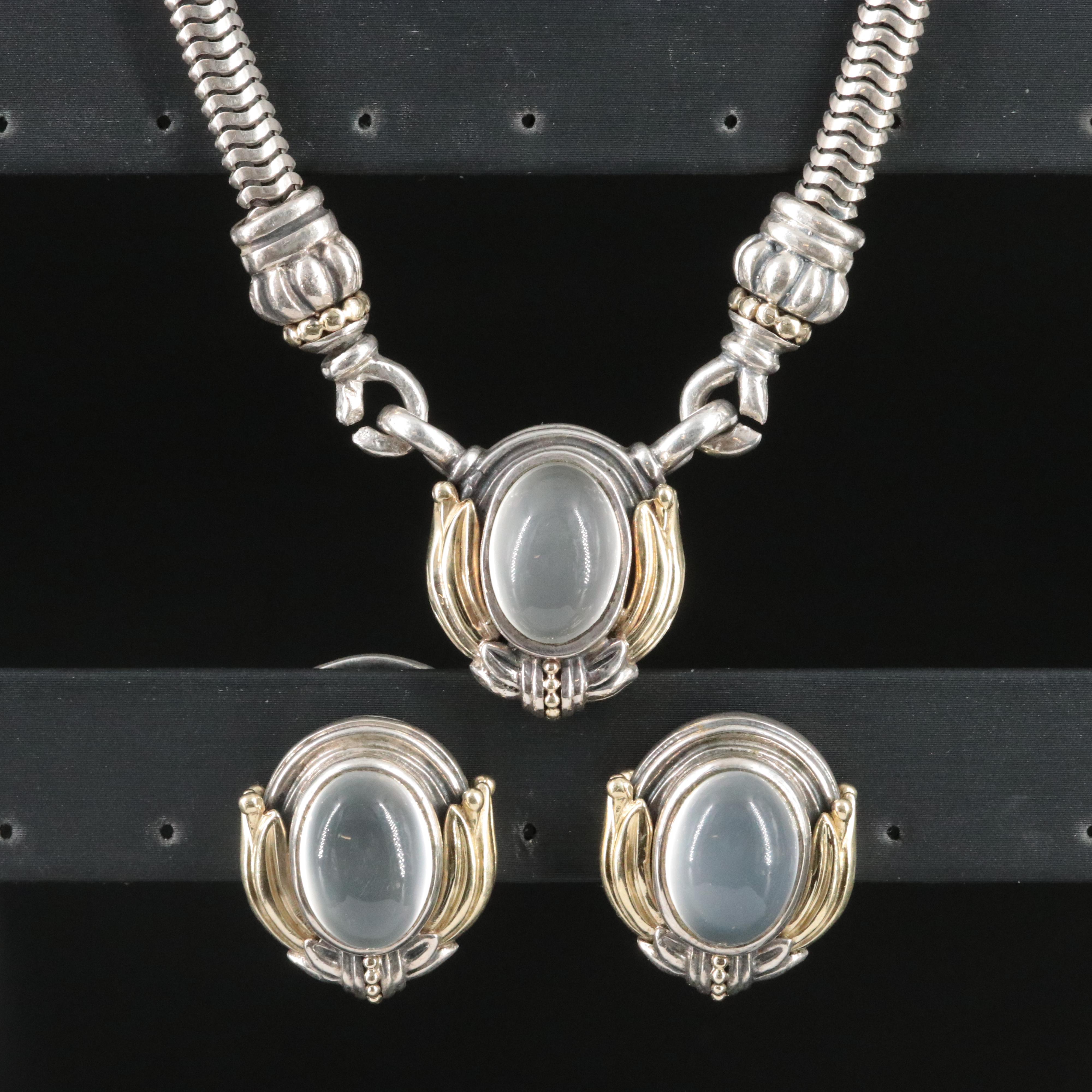 Lagos Caviar Sterling, 18K Cat's Eye Moonstone Necklace and Earrings