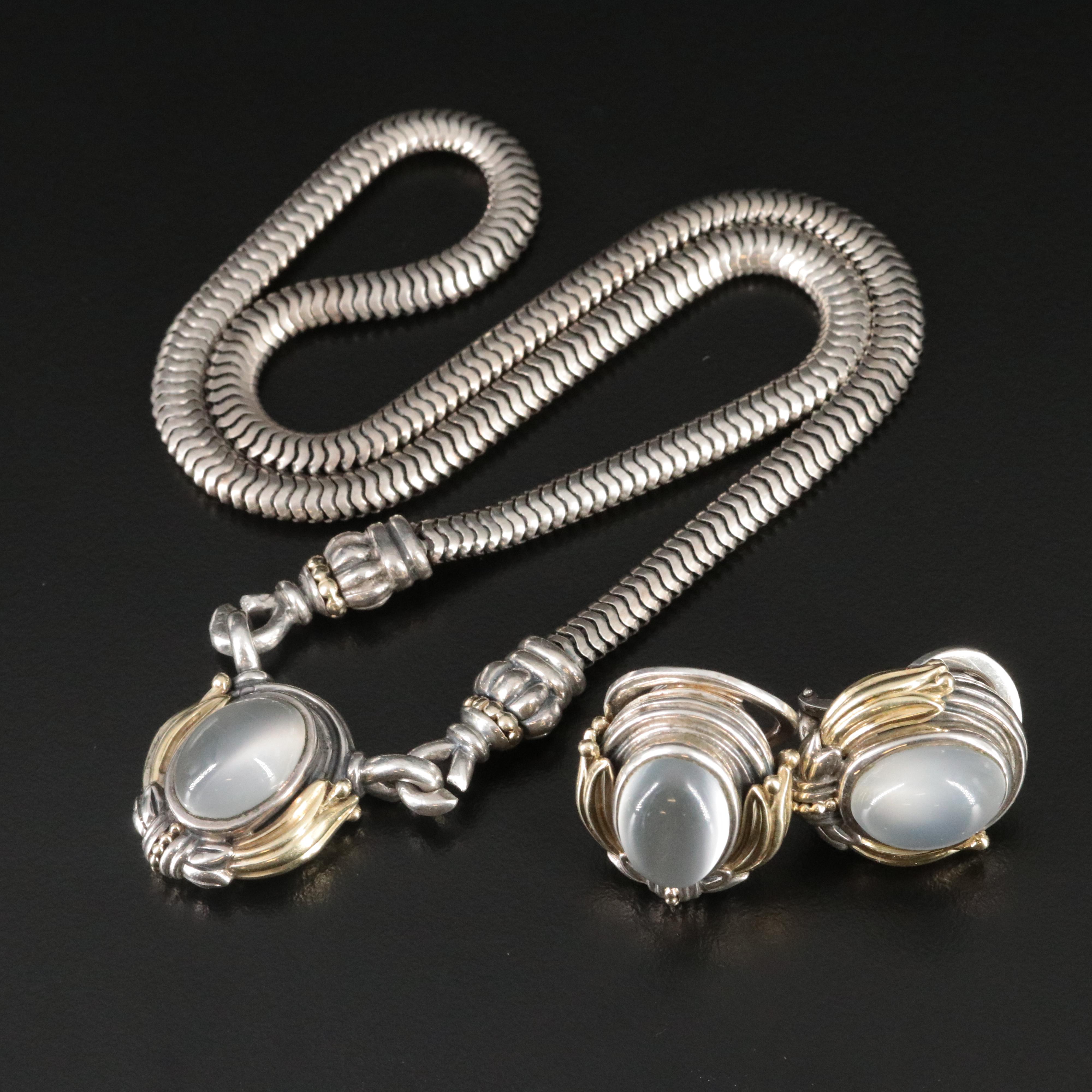 Lagos Caviar Sterling, 18K Cat's Eye Moonstone Necklace and Earrings