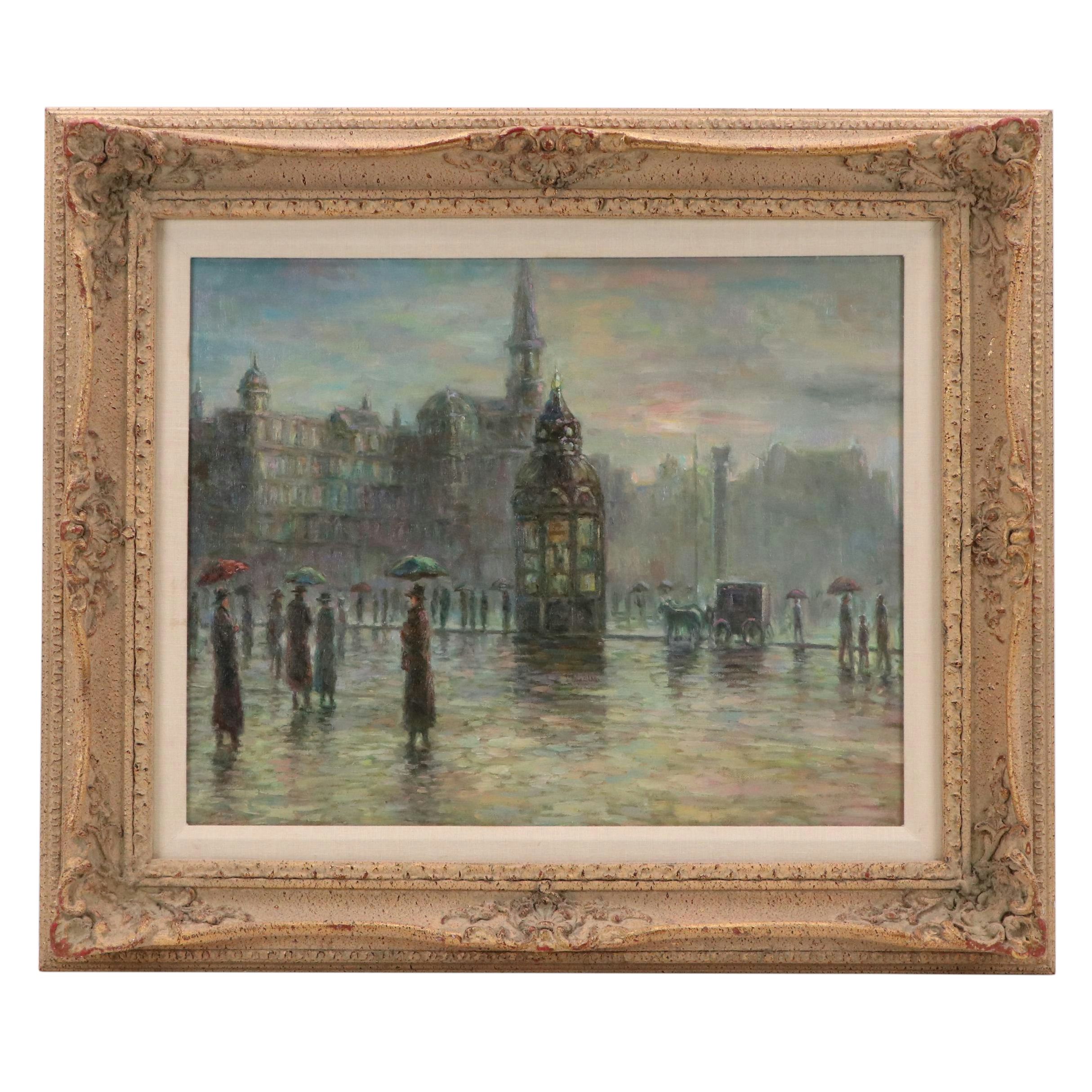 Cityscape Oil Painting of Newsstand on Rainy Cobblestone Street