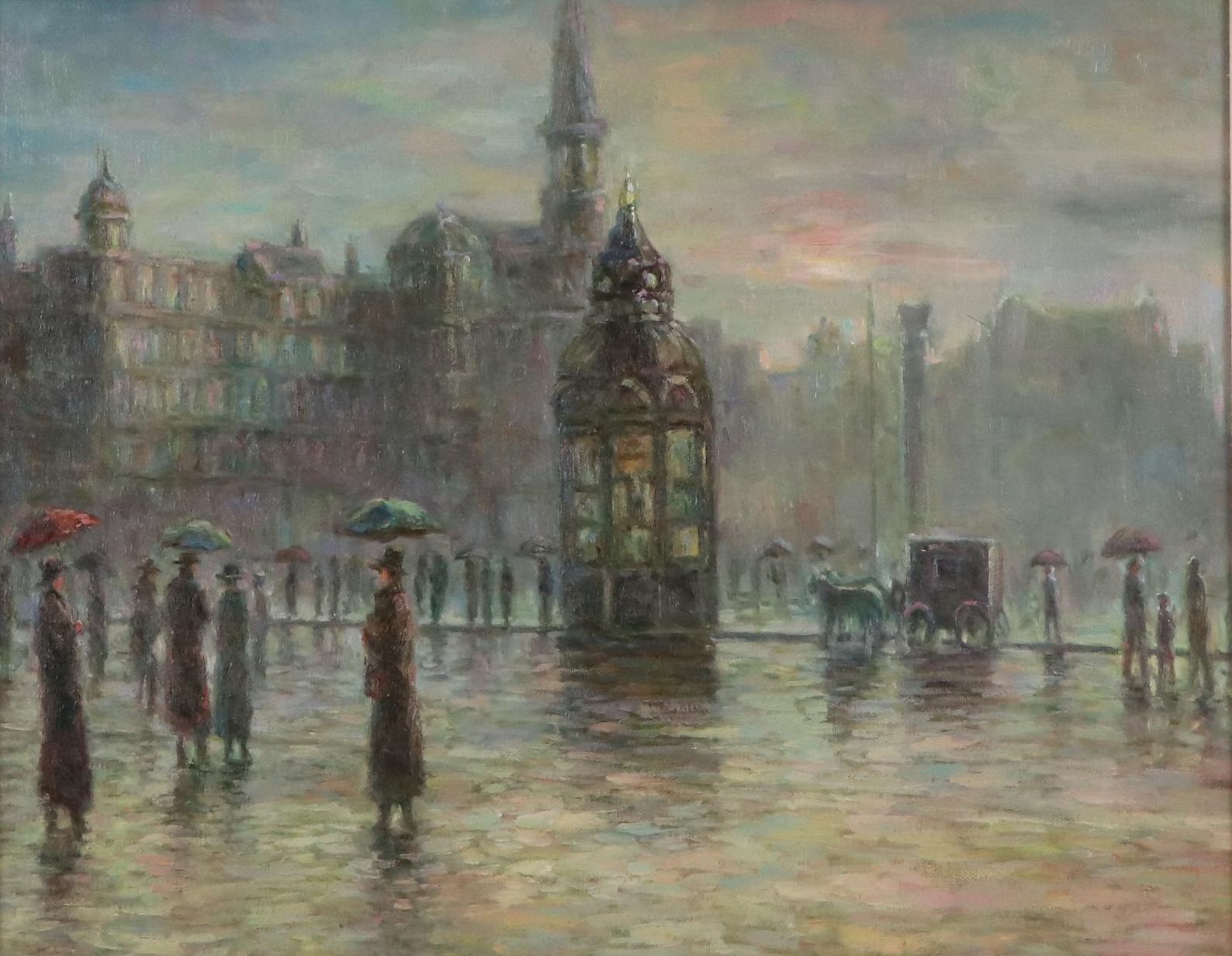 Cityscape Oil Painting of Newsstand on Rainy Cobblestone Street