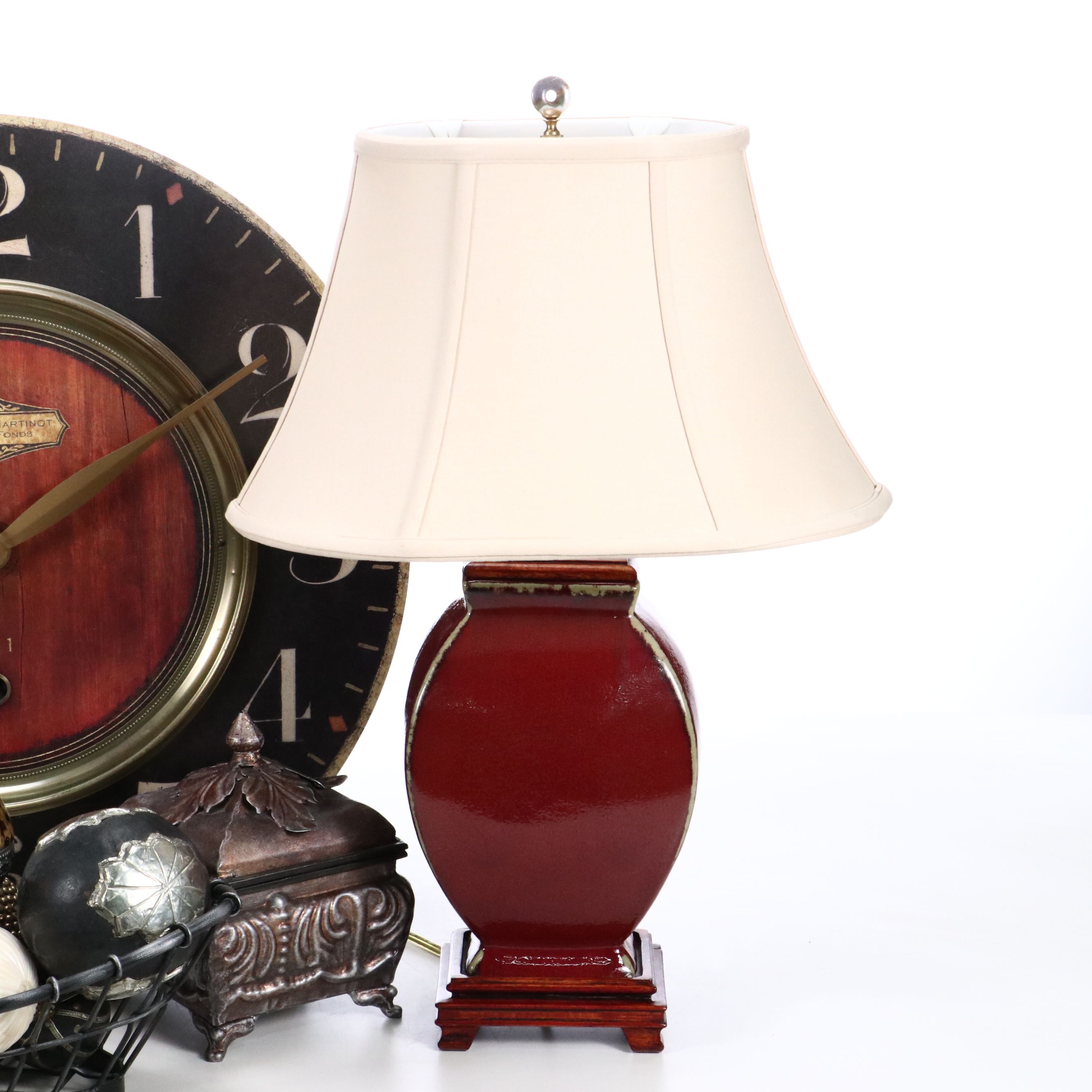 Ceramic Urn Table Lamp with Large Wall Clock and Decorative Containers