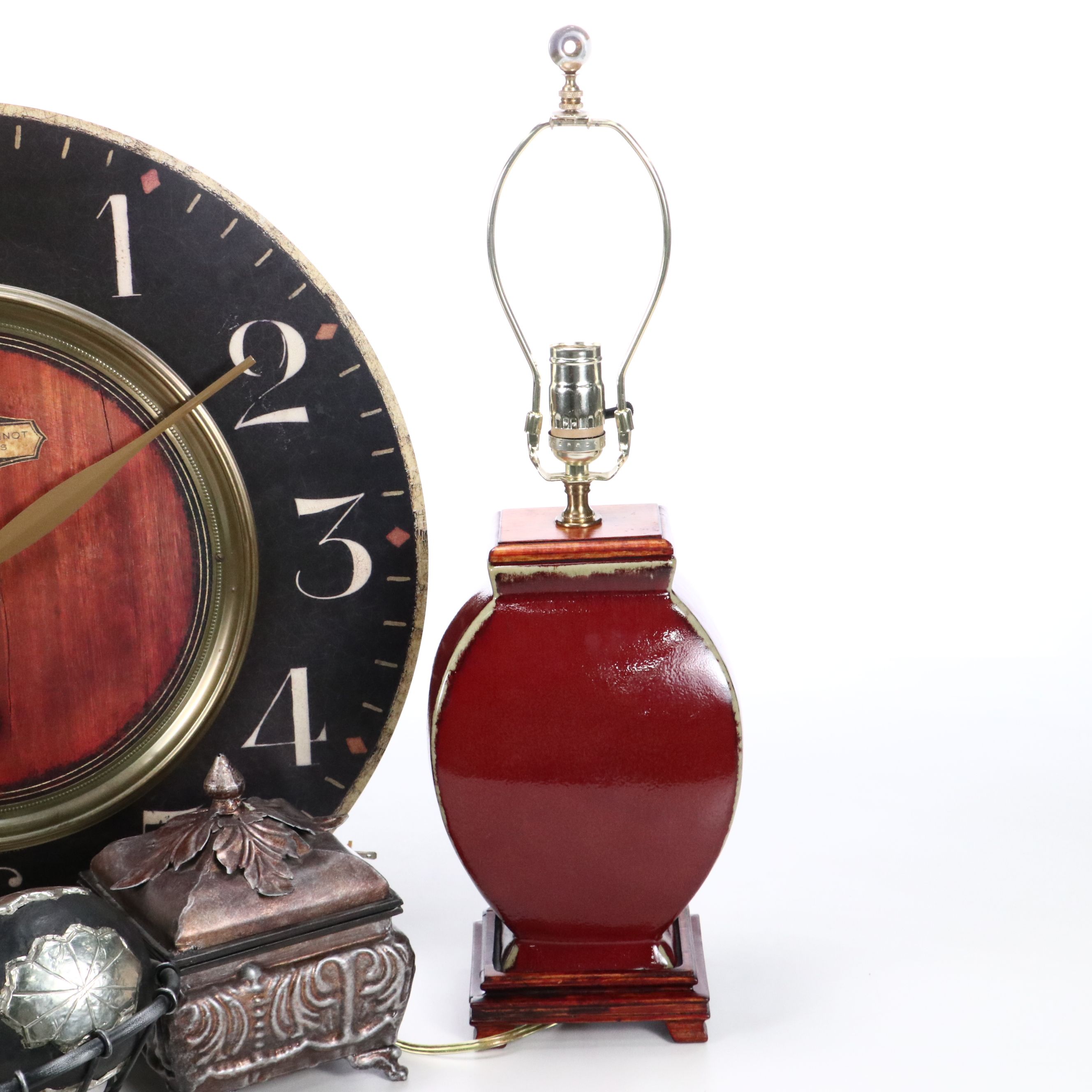 Ceramic Urn Table Lamp with Large Wall Clock and Decorative Containers