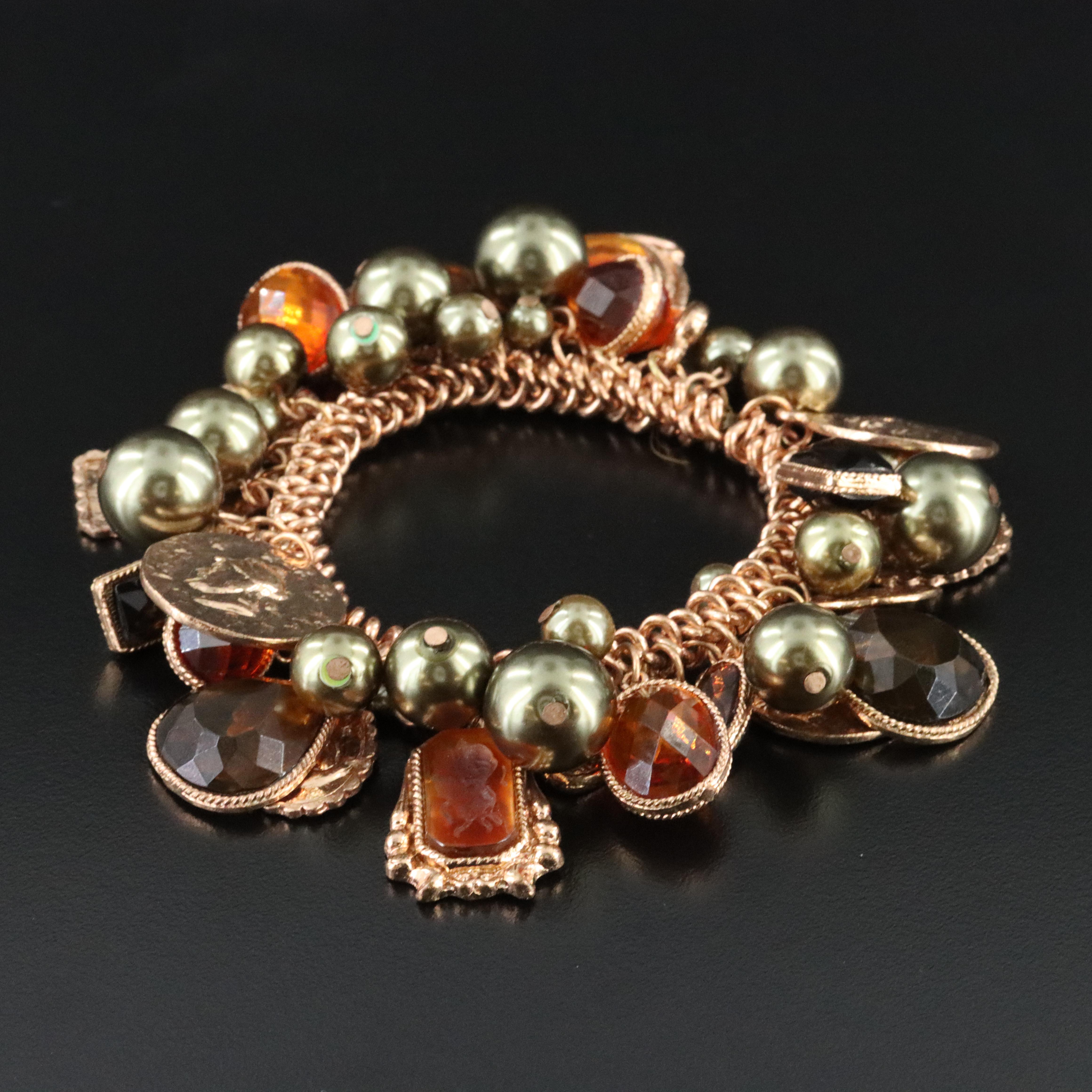 Intaglio, Faux Pearl and Faux Gemstone Fringe Bracelet