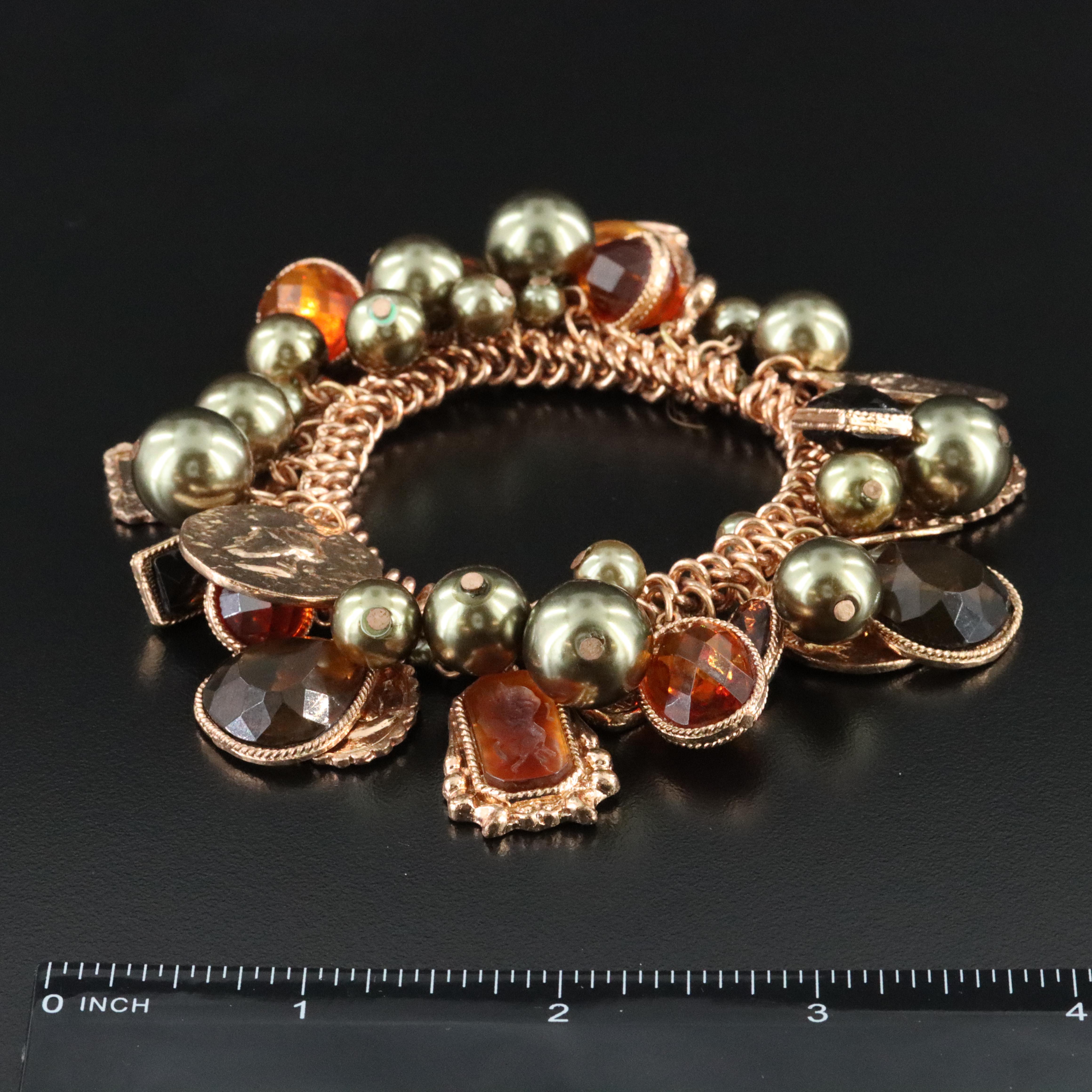 Intaglio, Faux Pearl and Faux Gemstone Fringe Bracelet