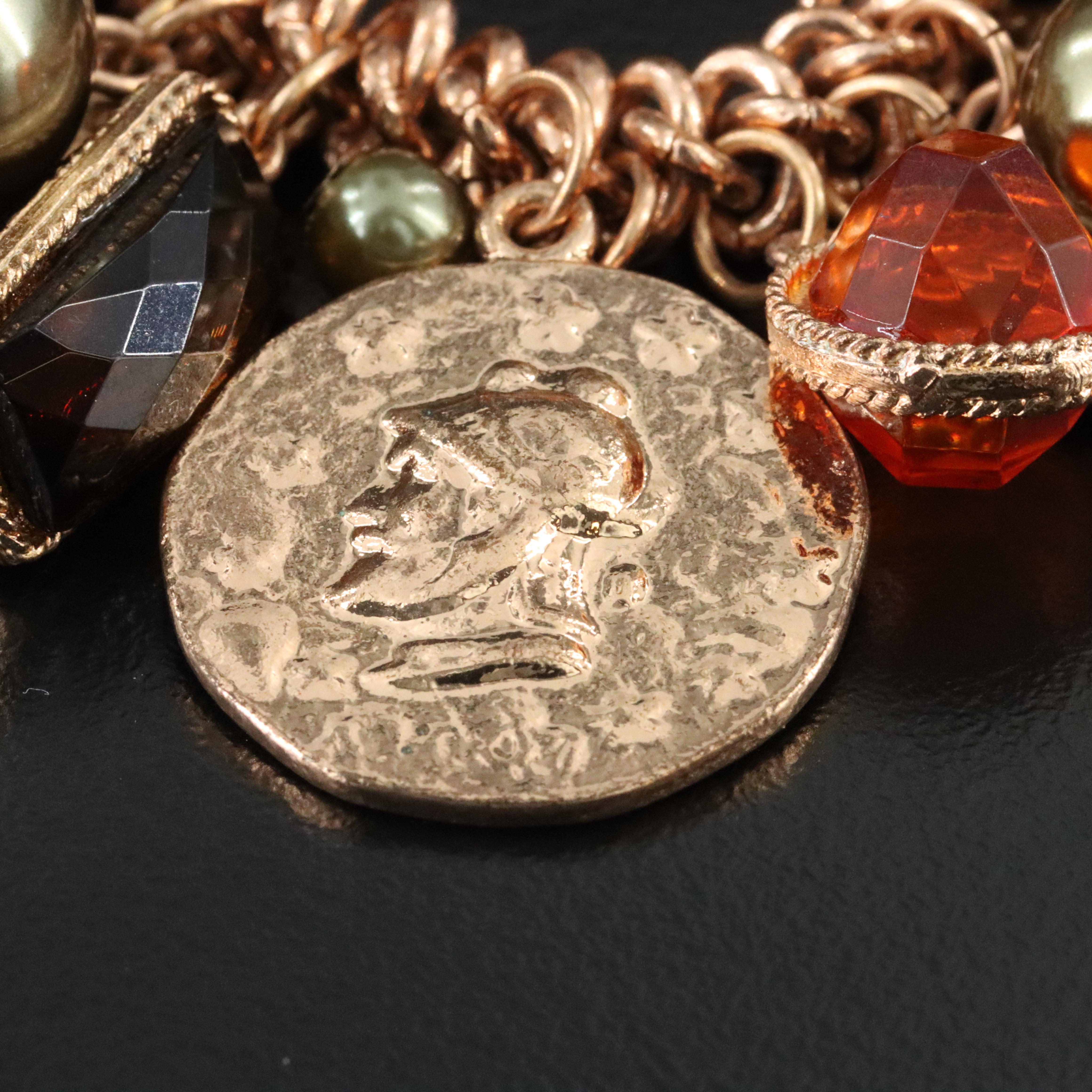 Intaglio, Faux Pearl and Faux Gemstone Fringe Bracelet