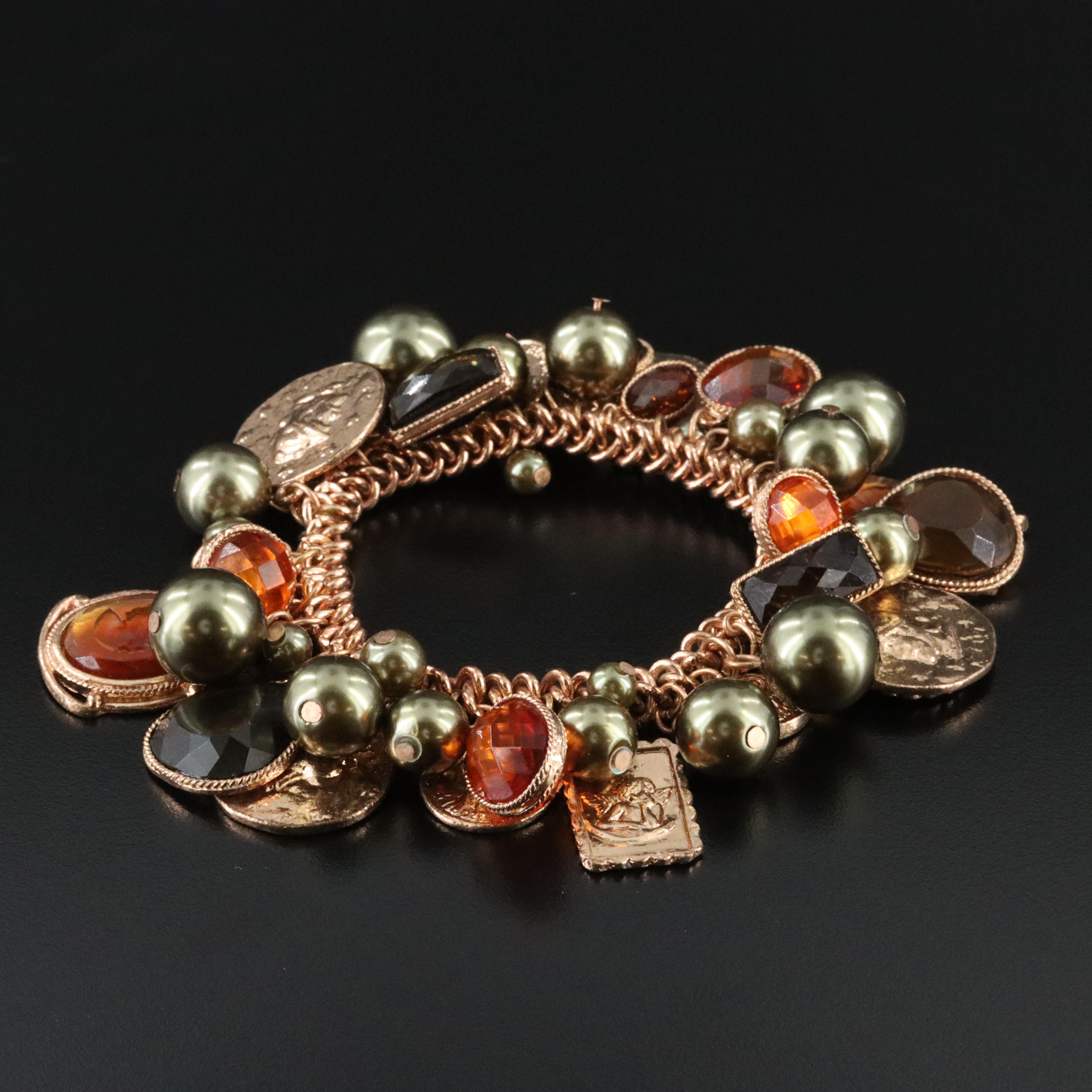 Intaglio, Faux Pearl and Faux Gemstone Fringe Bracelet