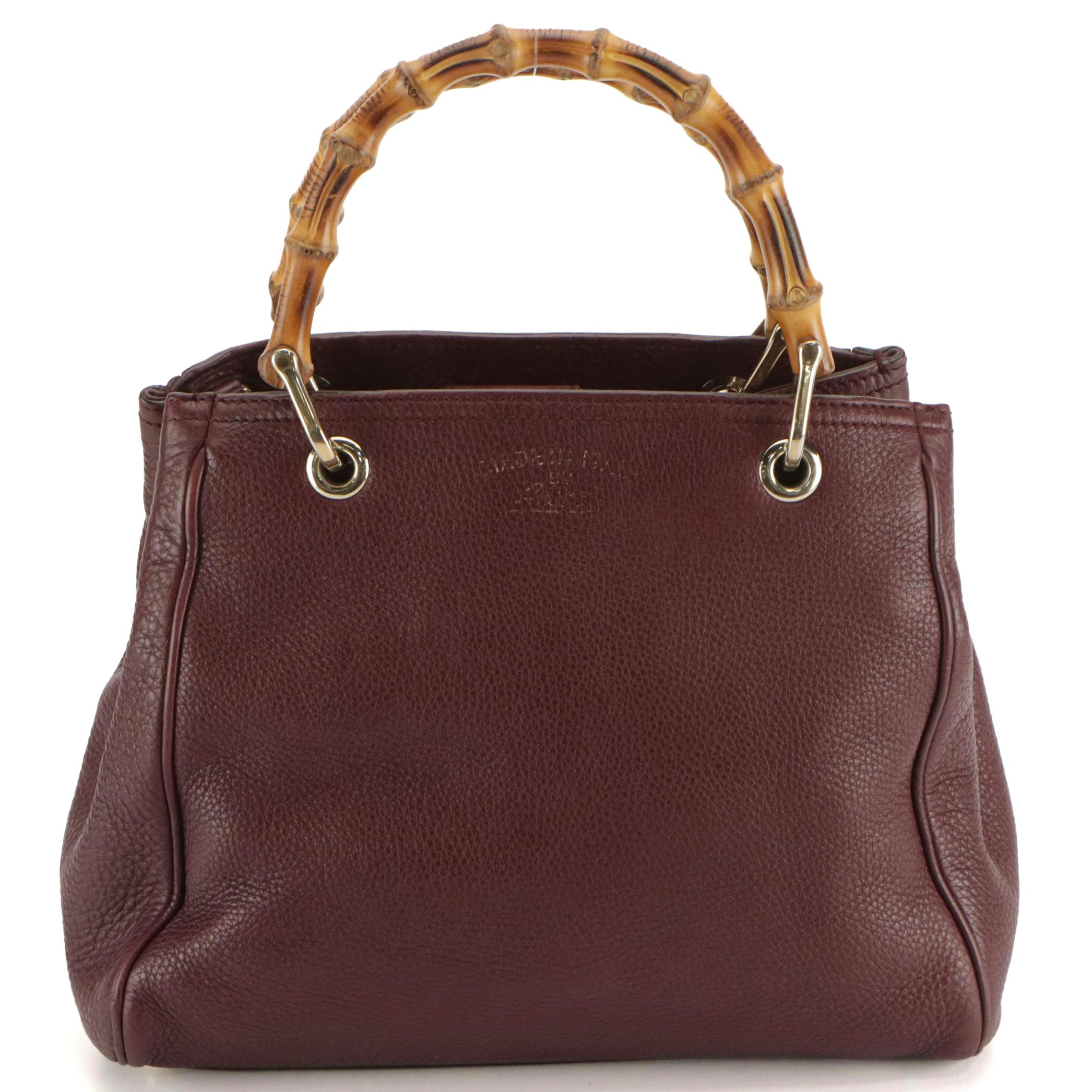Gucci Bamboo Handle Small Shopper Two-Way Tote in Maroon Grained Leather