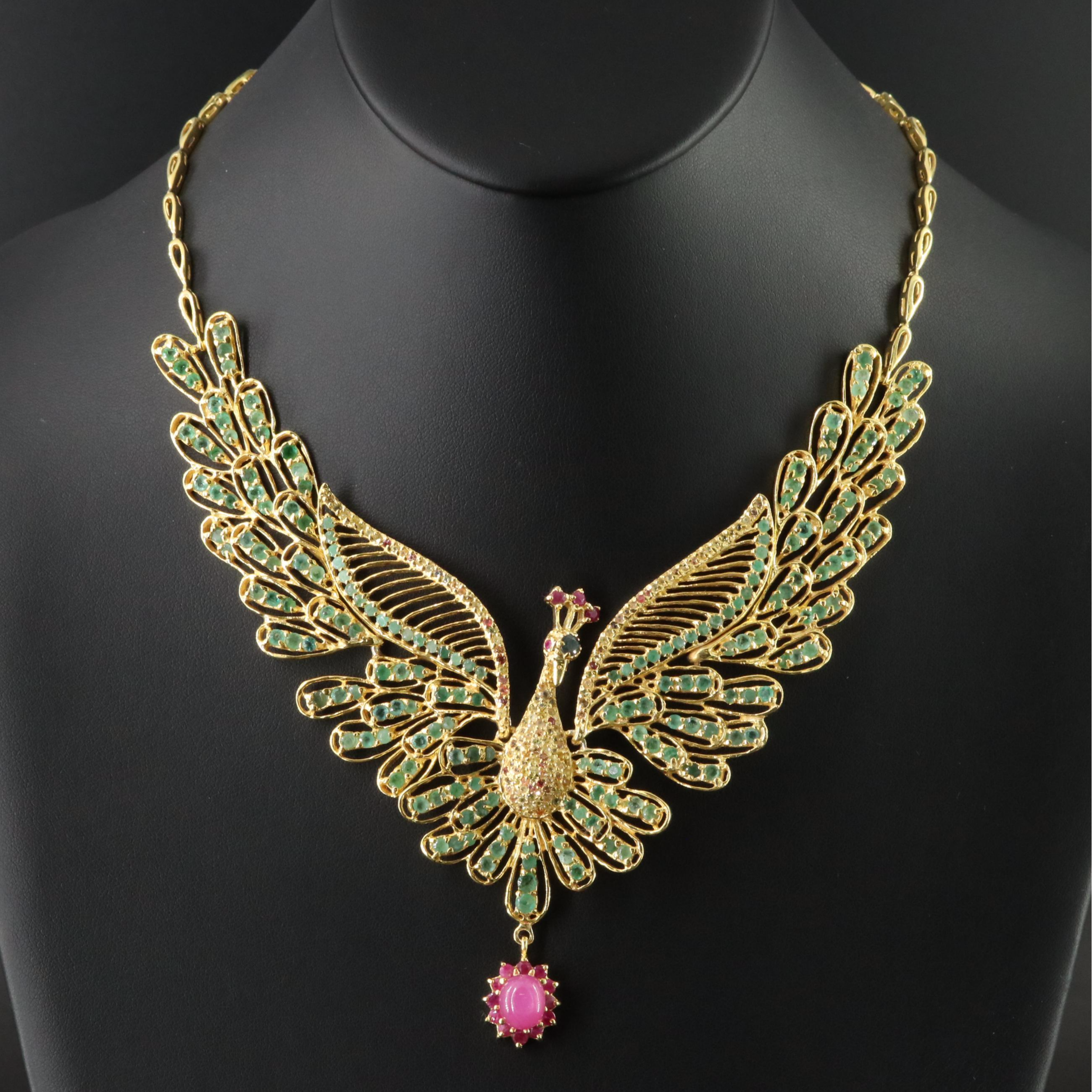 Sterling Emerald, Ruby and Sapphire Peacock Necklace