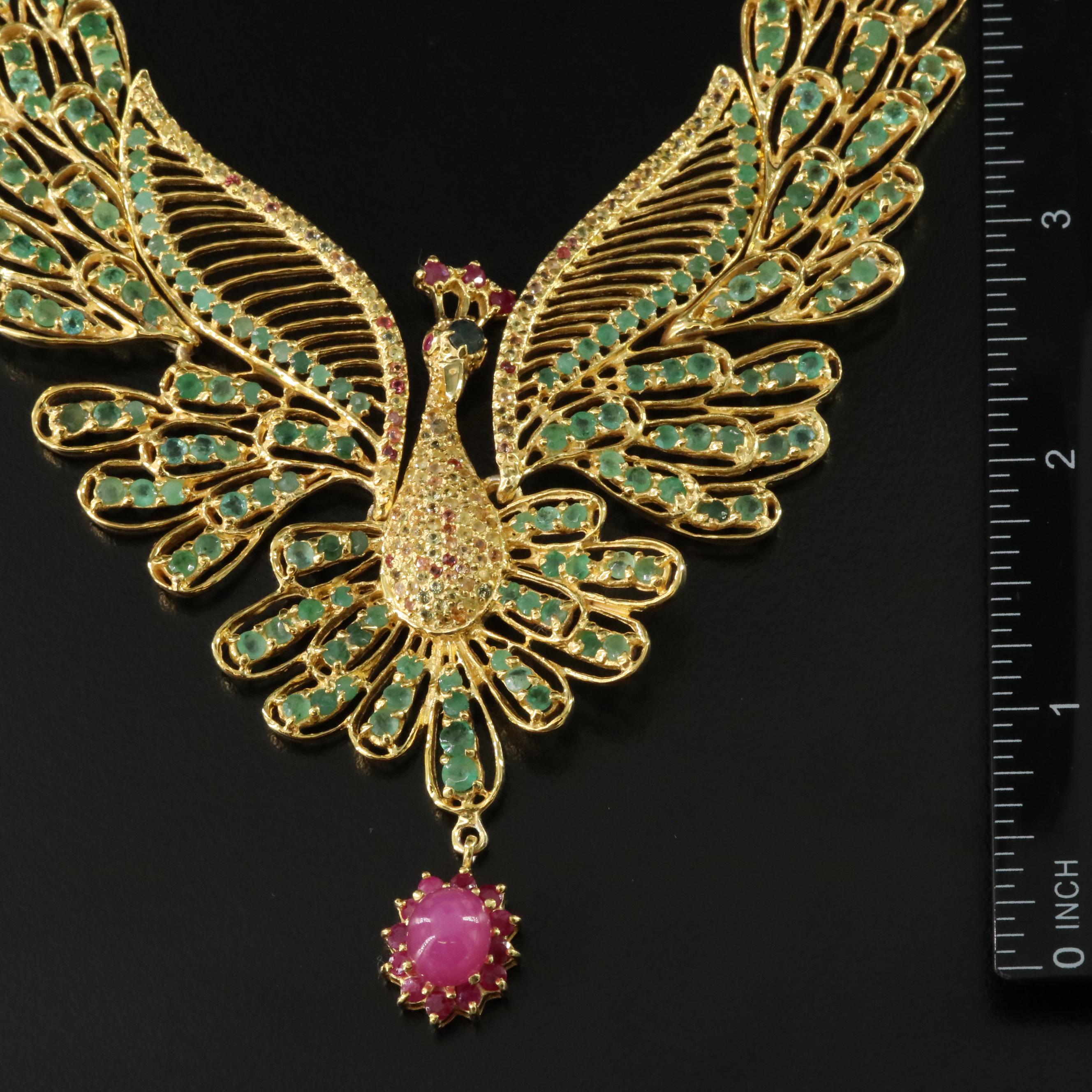 Sterling Emerald, Ruby and Sapphire Peacock Necklace