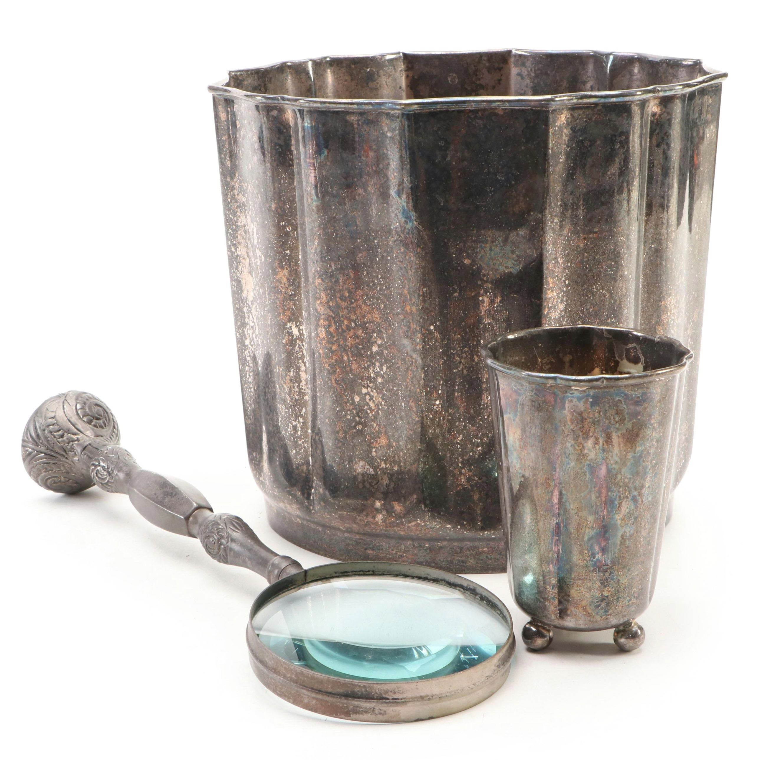 Scalloped Metal Waste Basket with More Silver Plate Bathroom Décor