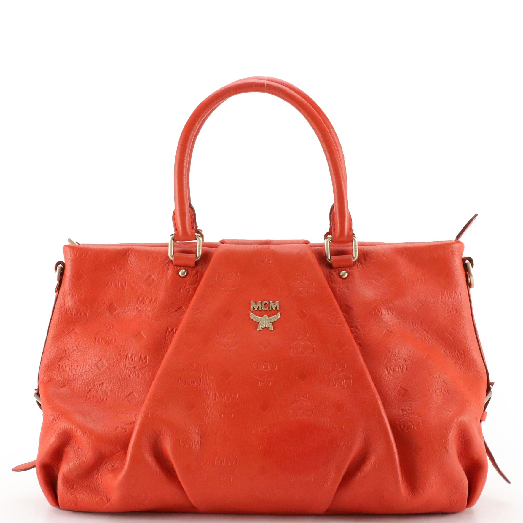 MCM Pleated Two-Way Satchel Bag in Vermilion Logo Embossed Leather