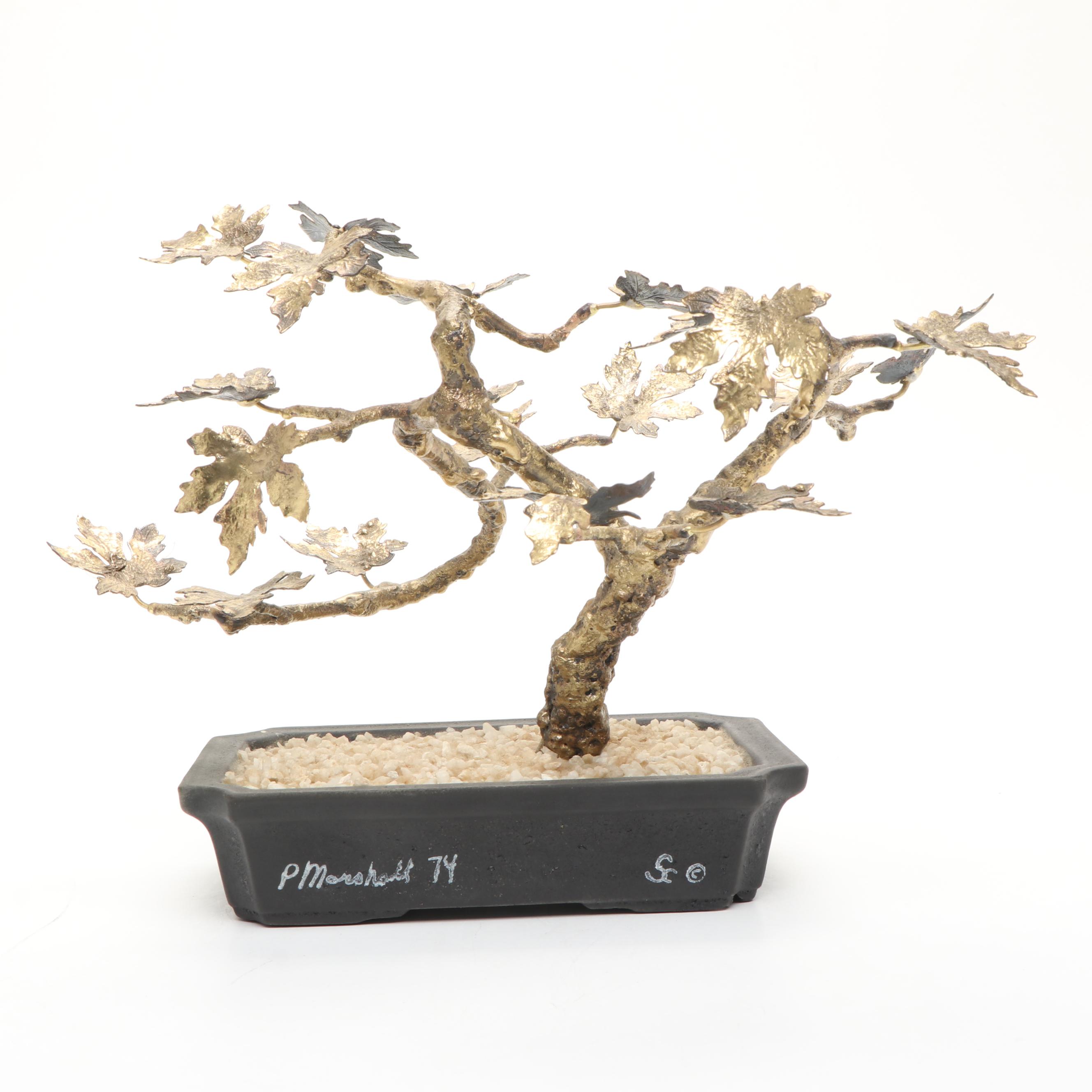 Perry Marshall Golden Brass Sculpture of Bonsai Tree, 1974