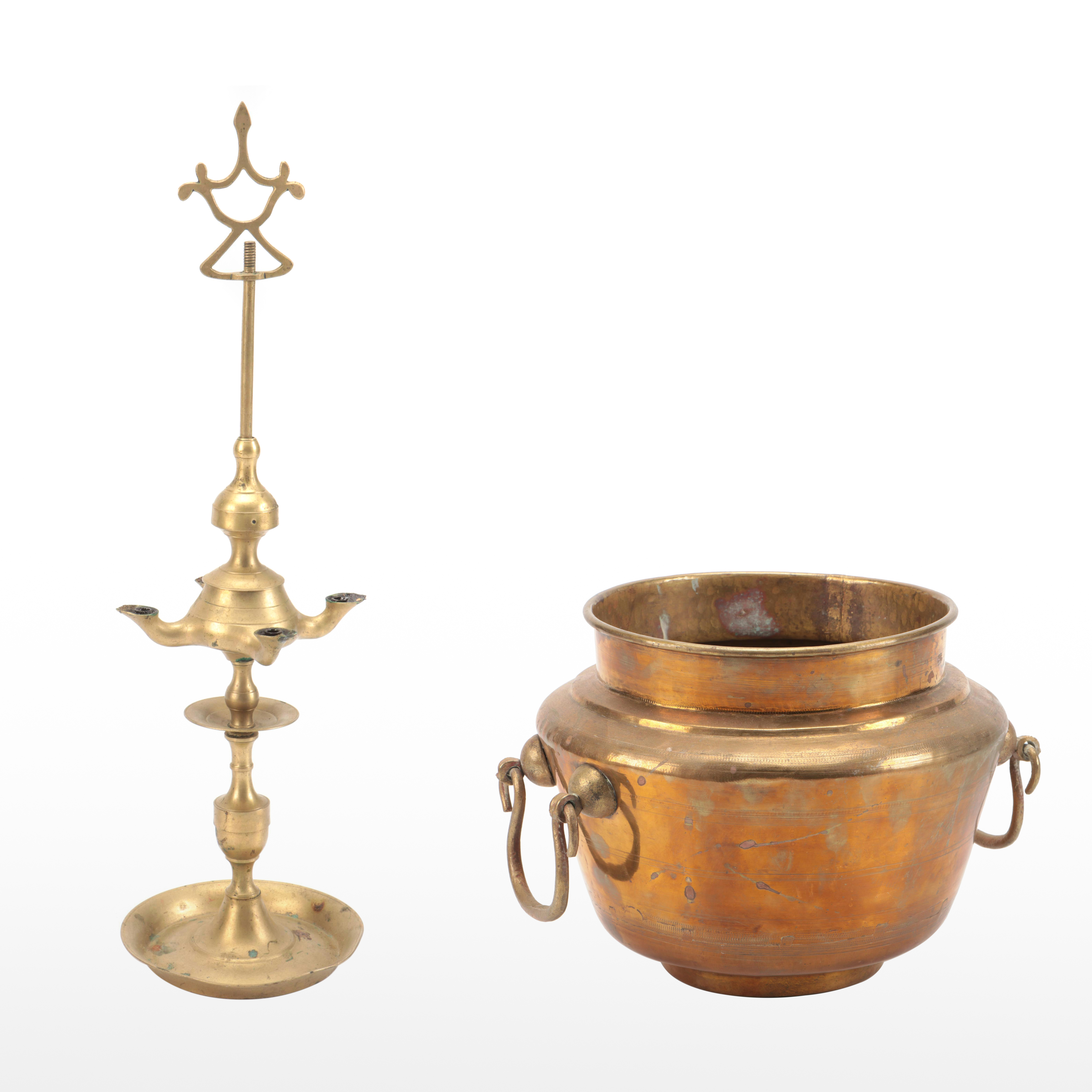 Brass Four-Light Oil Lamp with Drop-Handled Copper Pot