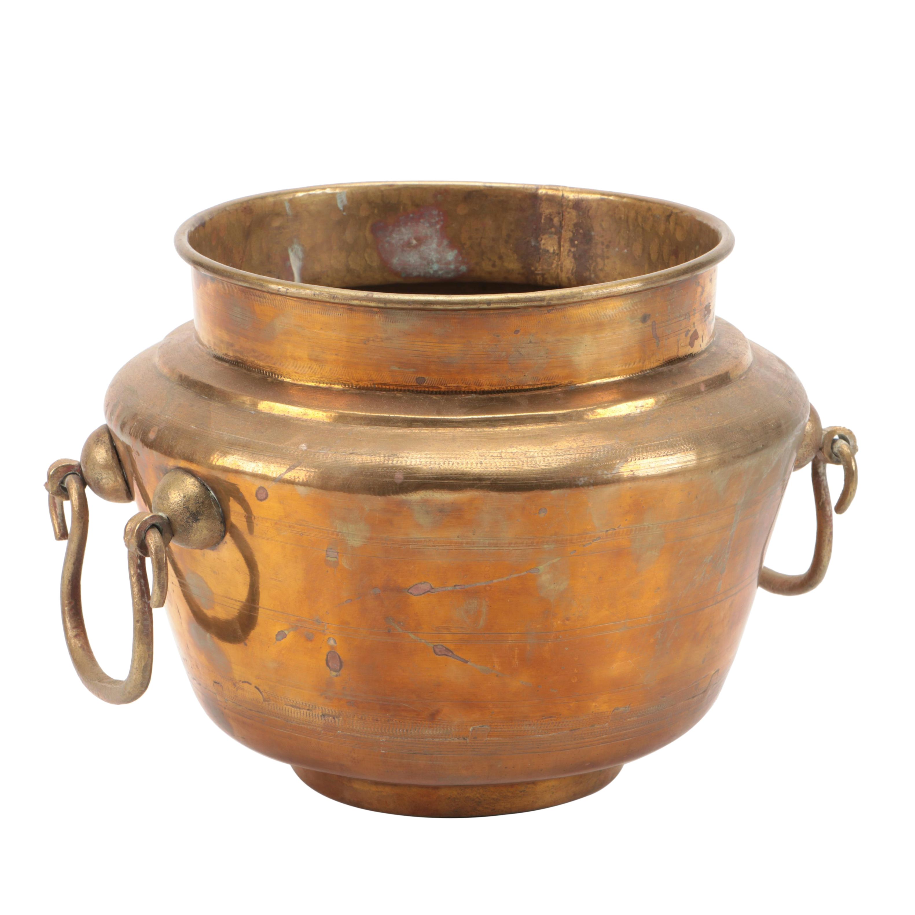 Brass Four-Light Oil Lamp with Drop-Handled Copper Pot