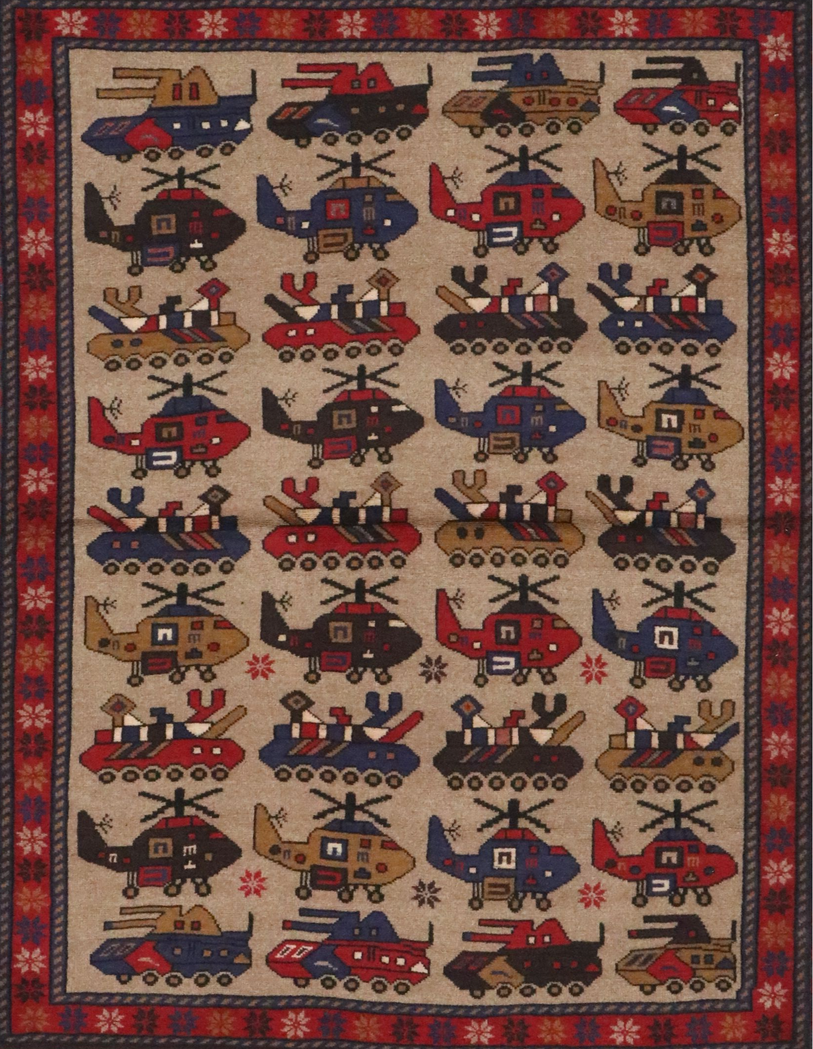 4'2 x 6'2 Hand-Knotted Afghan Pictorial War Rug