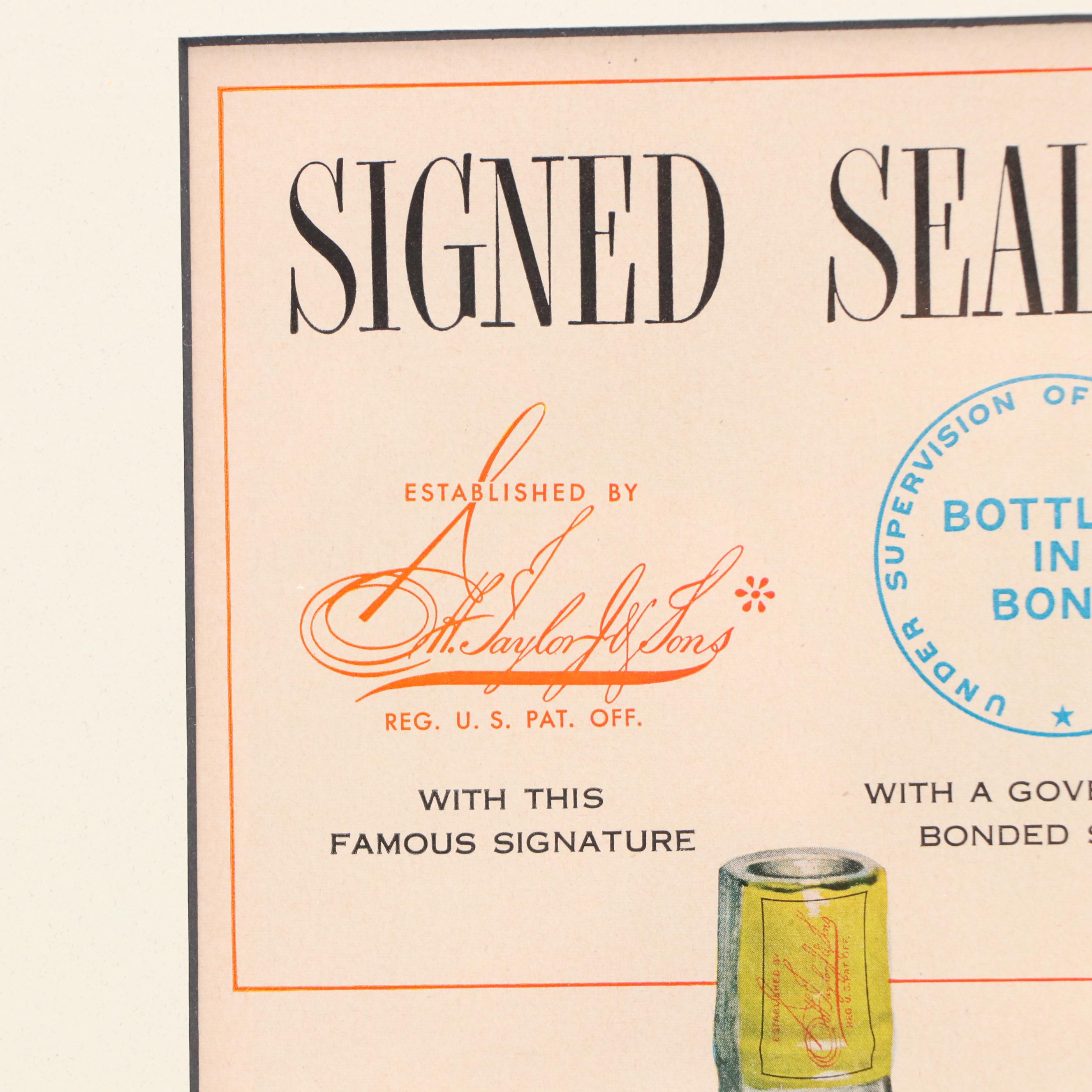 Old Taylor Whiskey Offset Lithograph Advertisement "Signed Sealed Delivered"