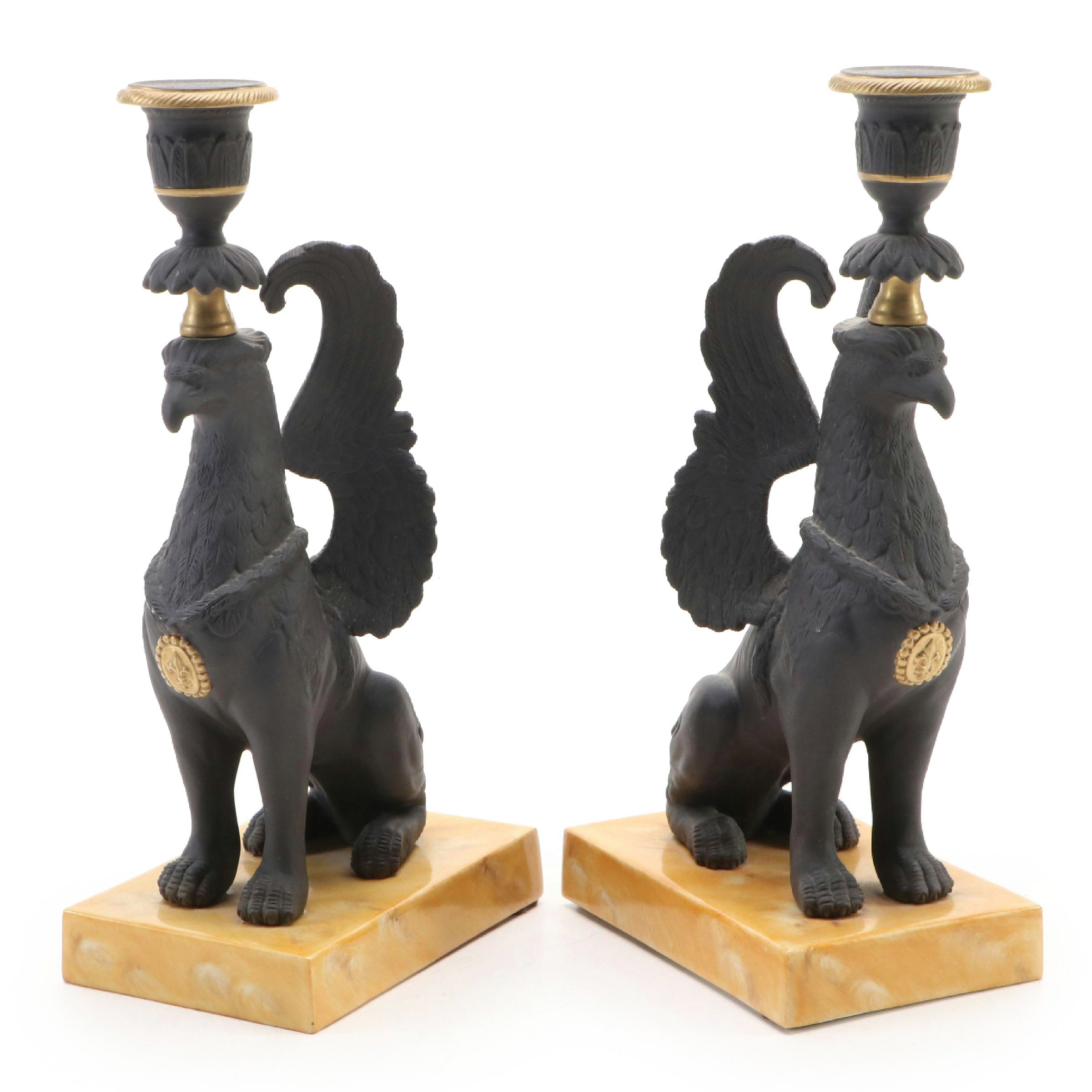 Pair of Chelsea House Port Royal Italian Porcelain Griffin Candlesticks