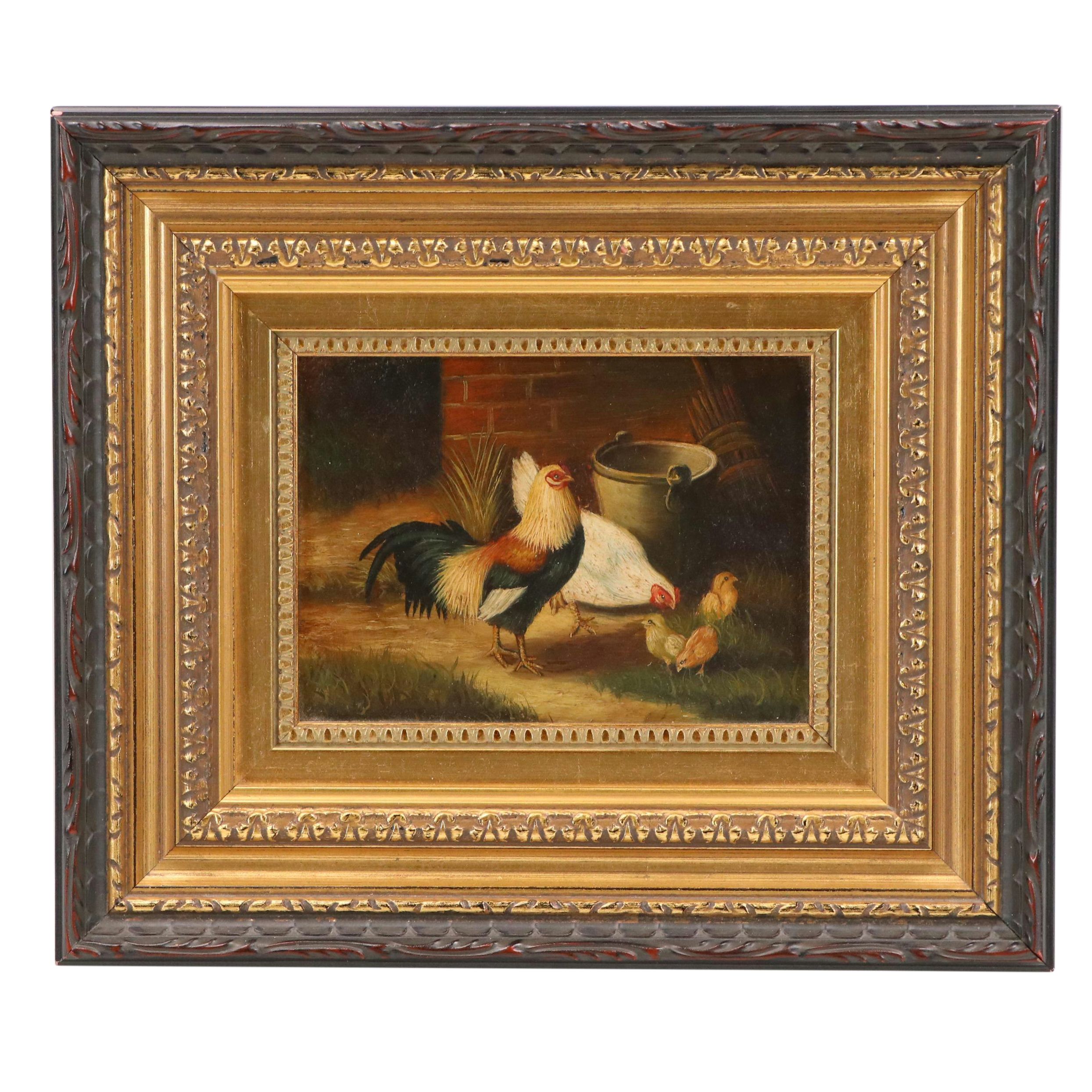 Miniature Oil Painting of Rooster, Hen, and Chicks