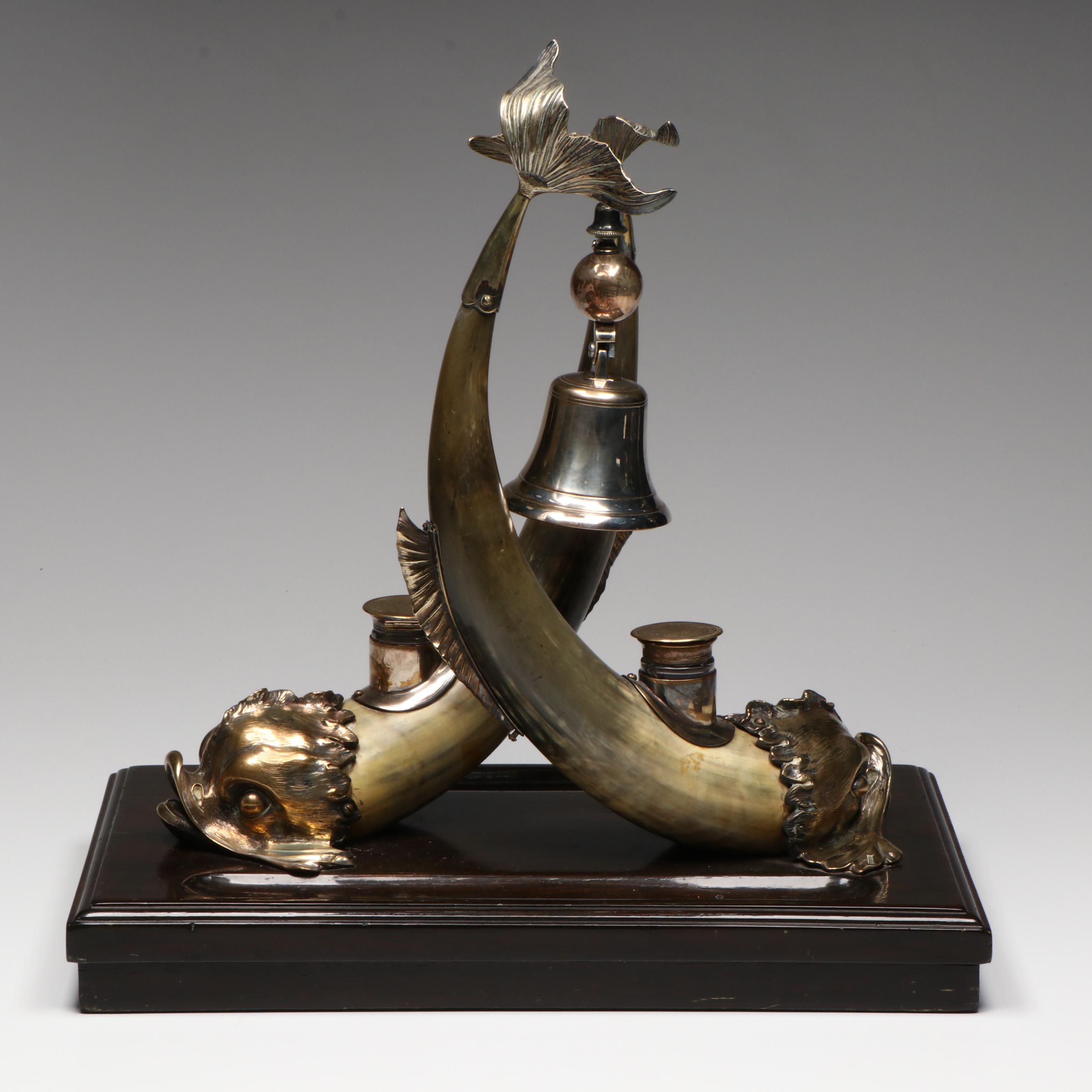 Late Victorian English Silver Plate and Horn Italian Dolphin Form Inkstand