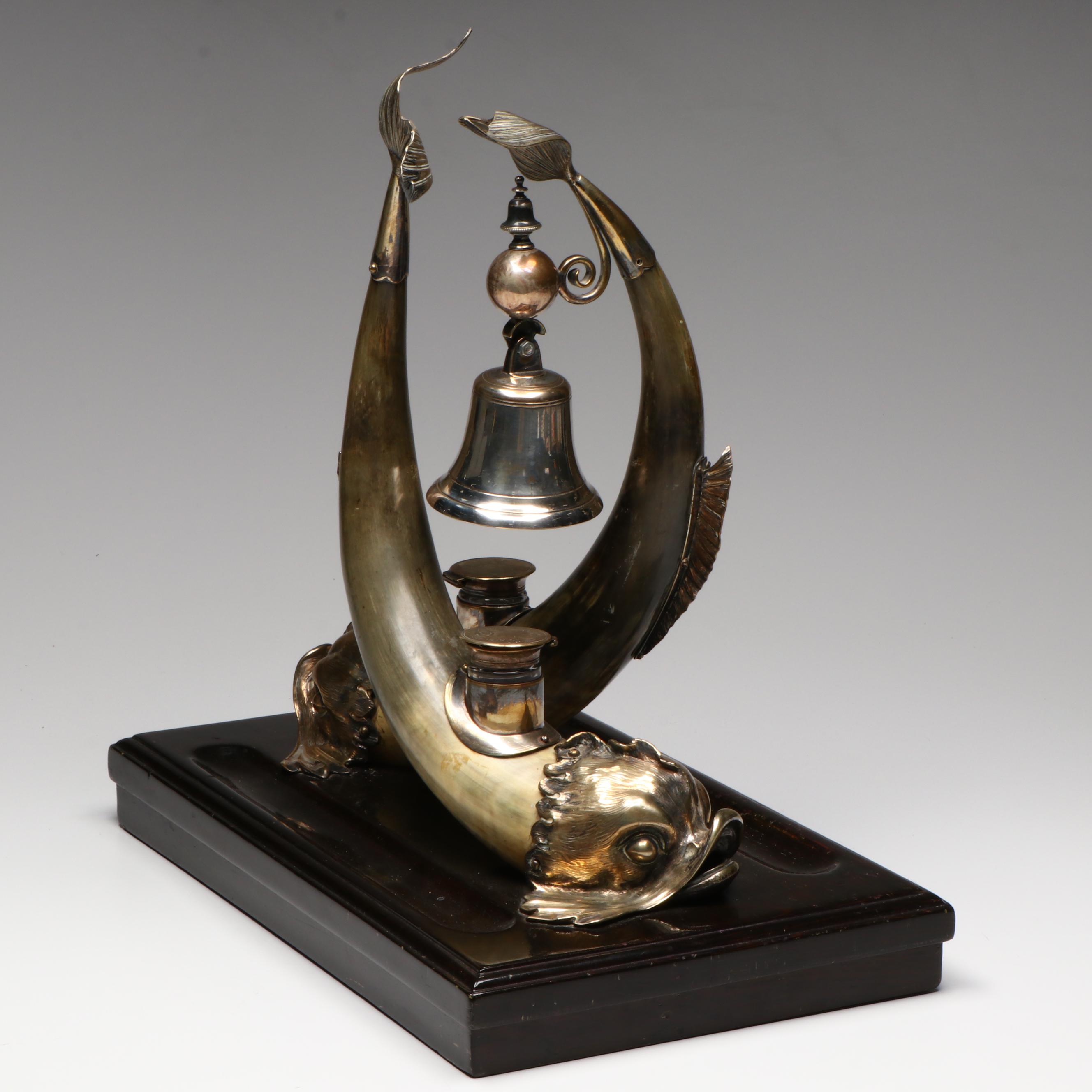 Late Victorian English Silver Plate and Horn Italian Dolphin Form Inkstand