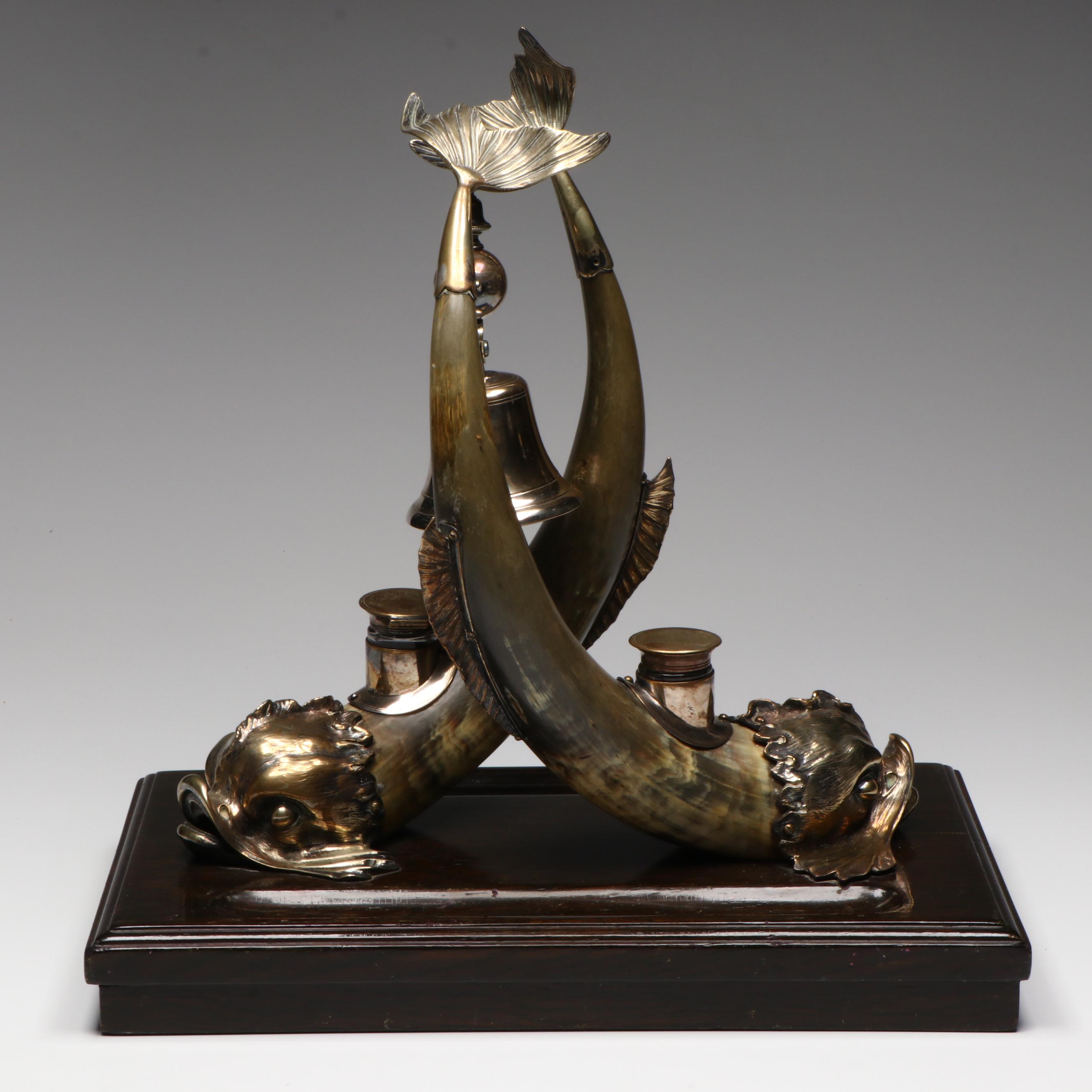Late Victorian English Silver Plate and Horn Italian Dolphin Form Inkstand