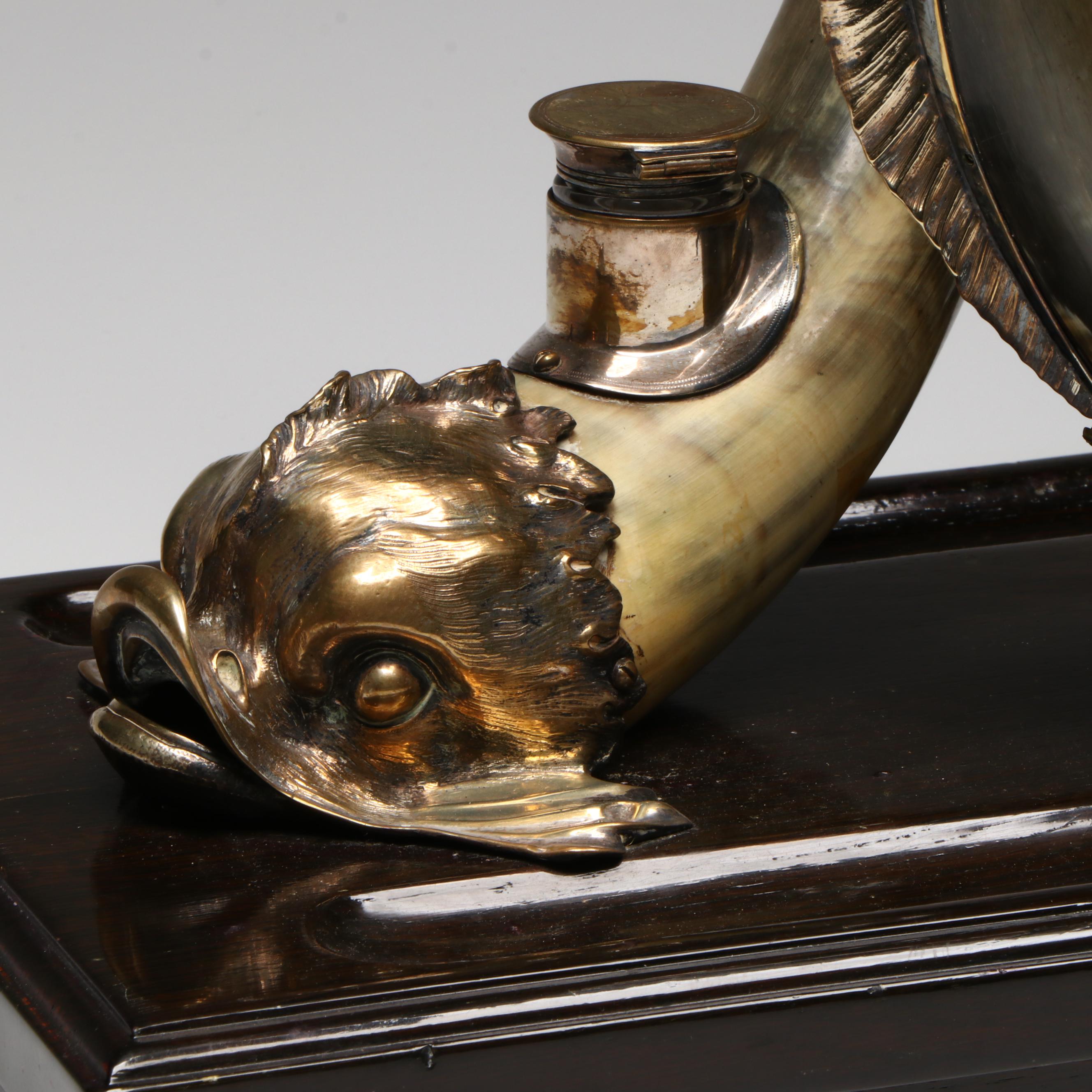 Late Victorian English Silver Plate and Horn Italian Dolphin Form Inkstand