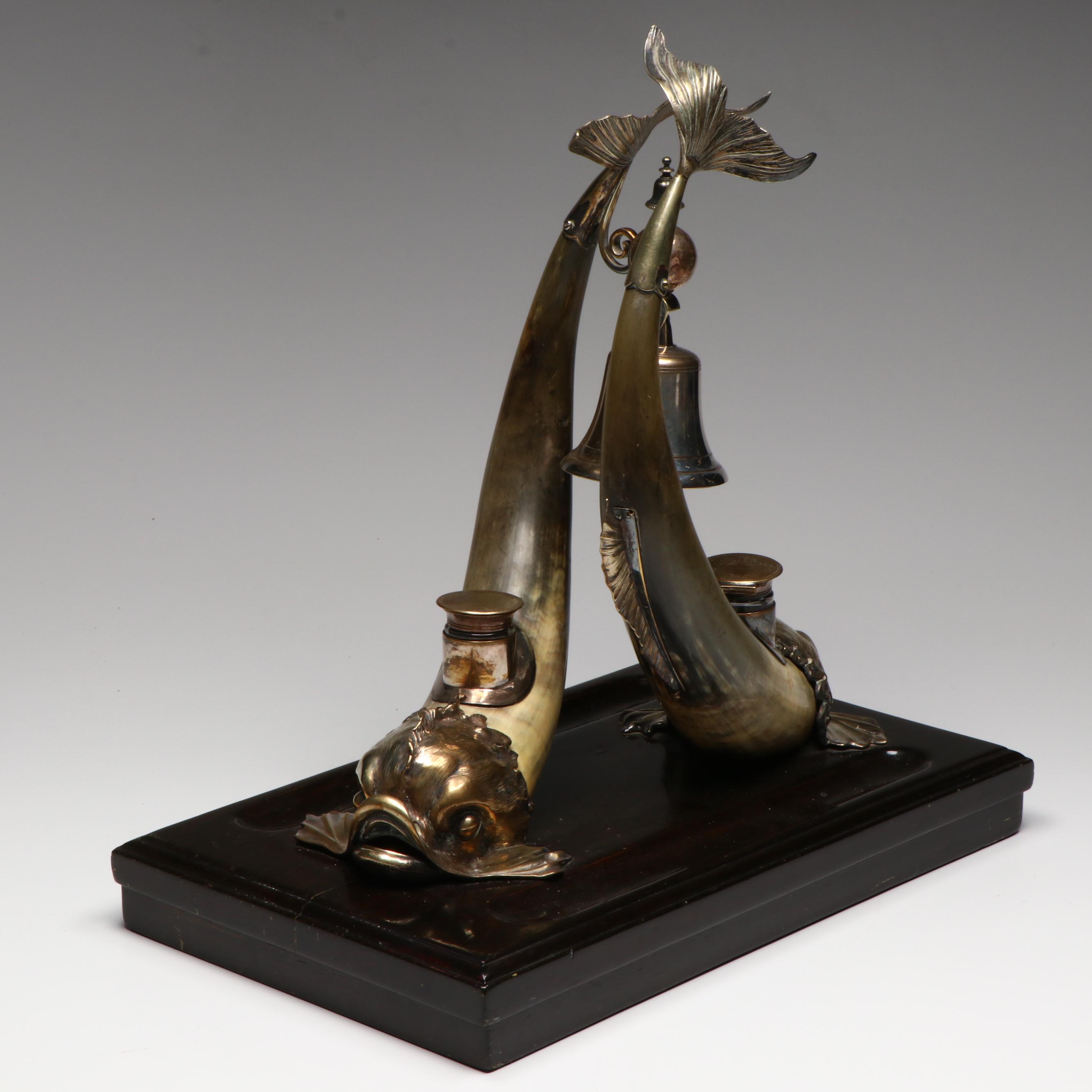 Late Victorian English Silver Plate and Horn Italian Dolphin Form Inkstand