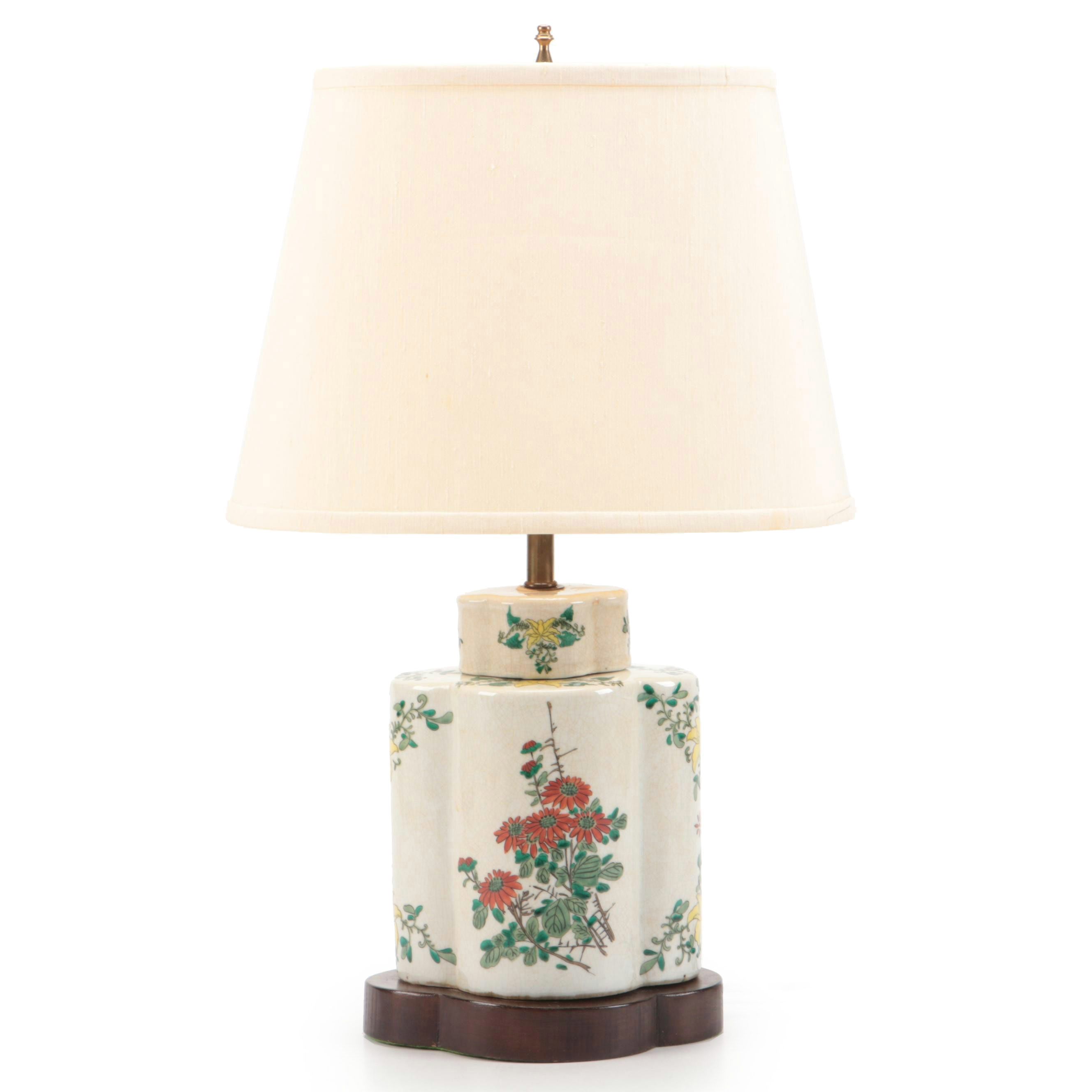 Chinese Porcelain Tea Caddy Table Lamp with Silk Shade
