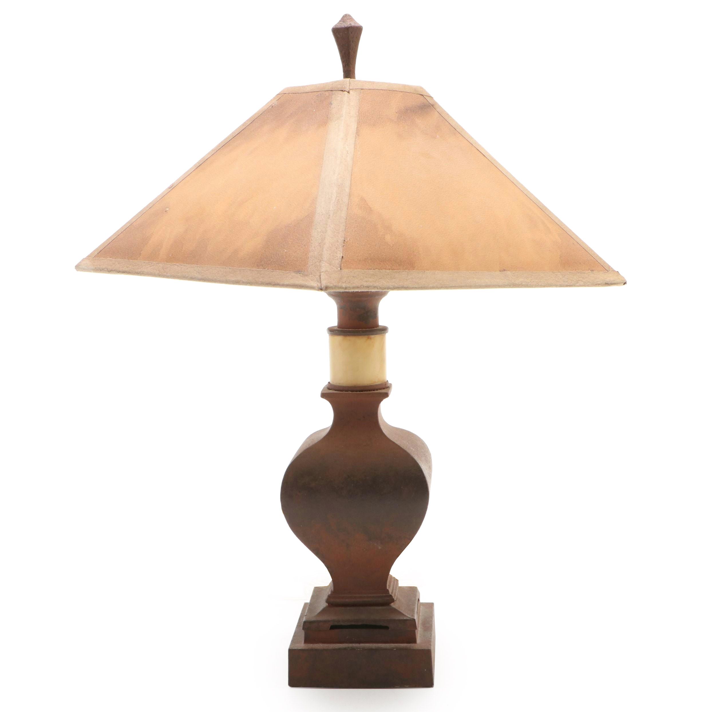 Rustic Bronze Patinated Brass Square Urn Table Lamp with Suede Shade