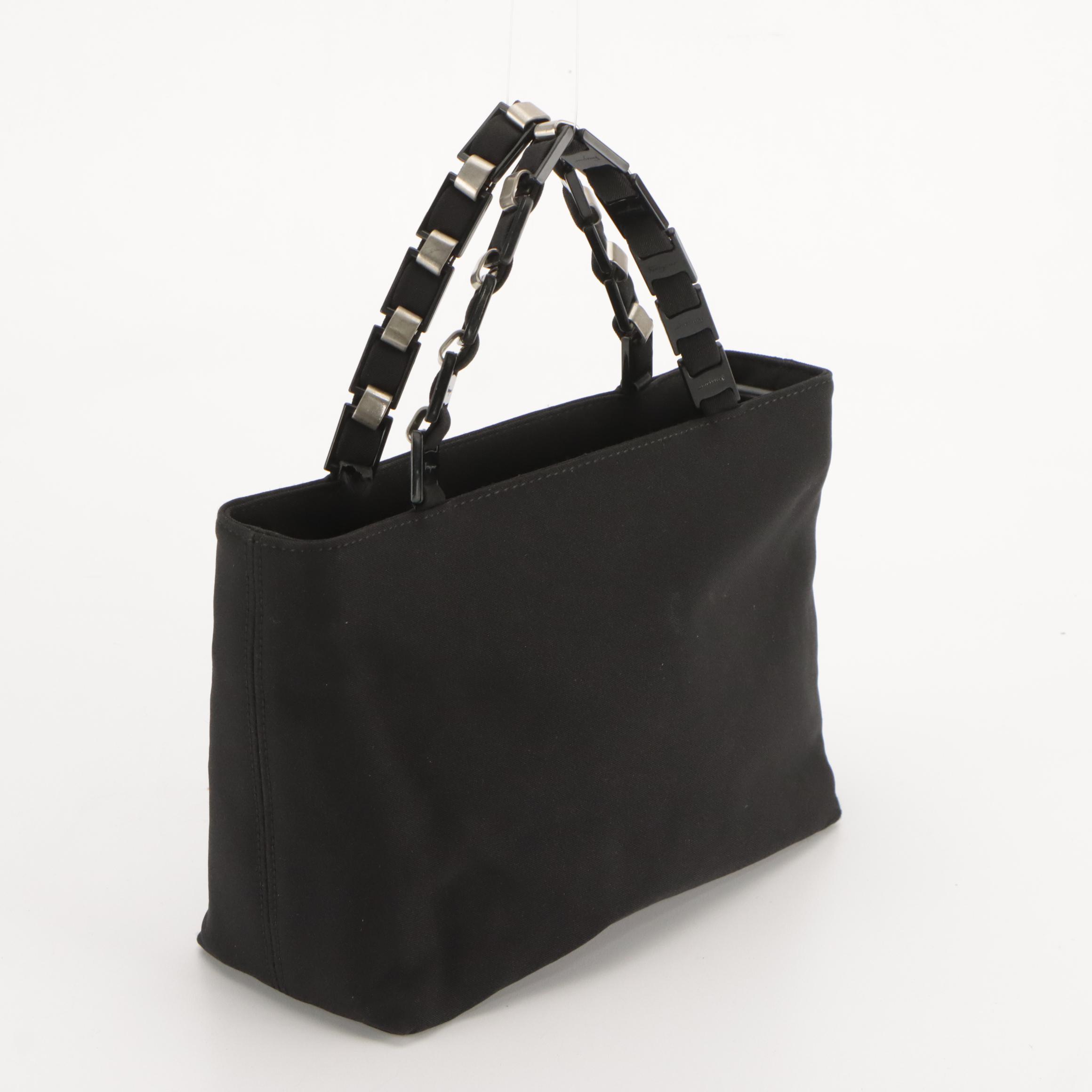 Salvatore Ferragamo Mini Vara Chain Handbag in Black Nylon Canvas
