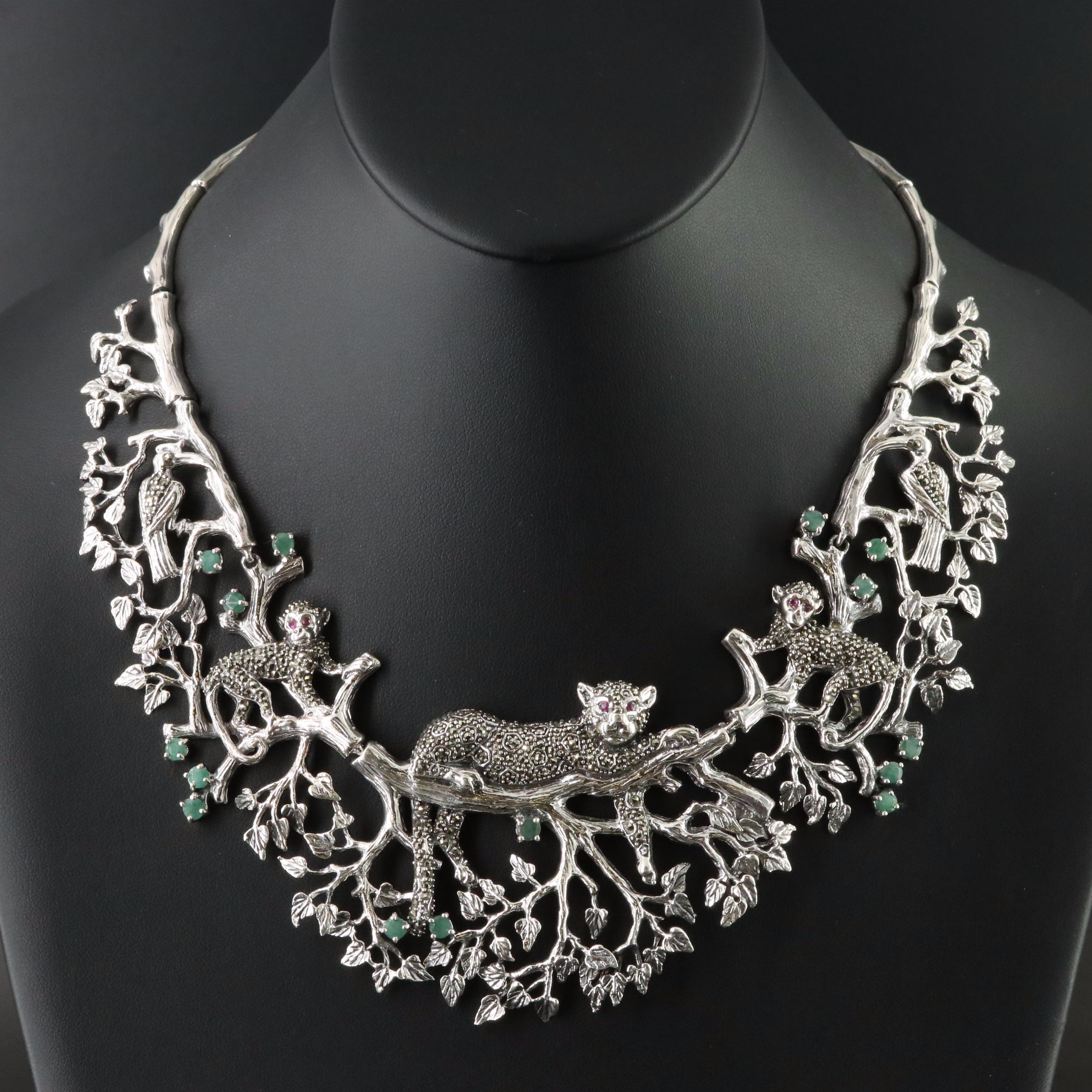 Sterling Emerald, Ruby and Marcasite Jungle Life Necklace