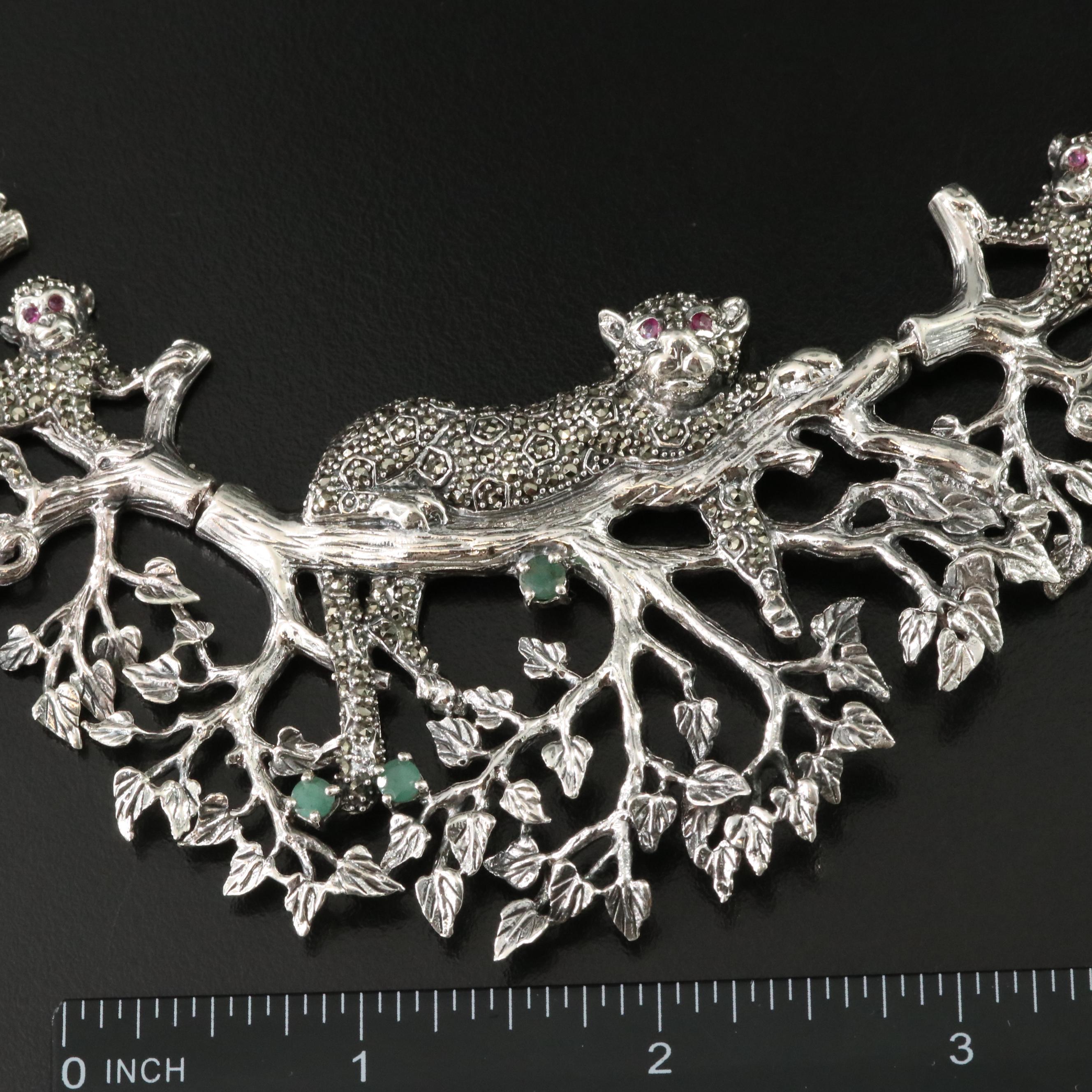 Sterling Emerald, Ruby and Marcasite Jungle Life Necklace