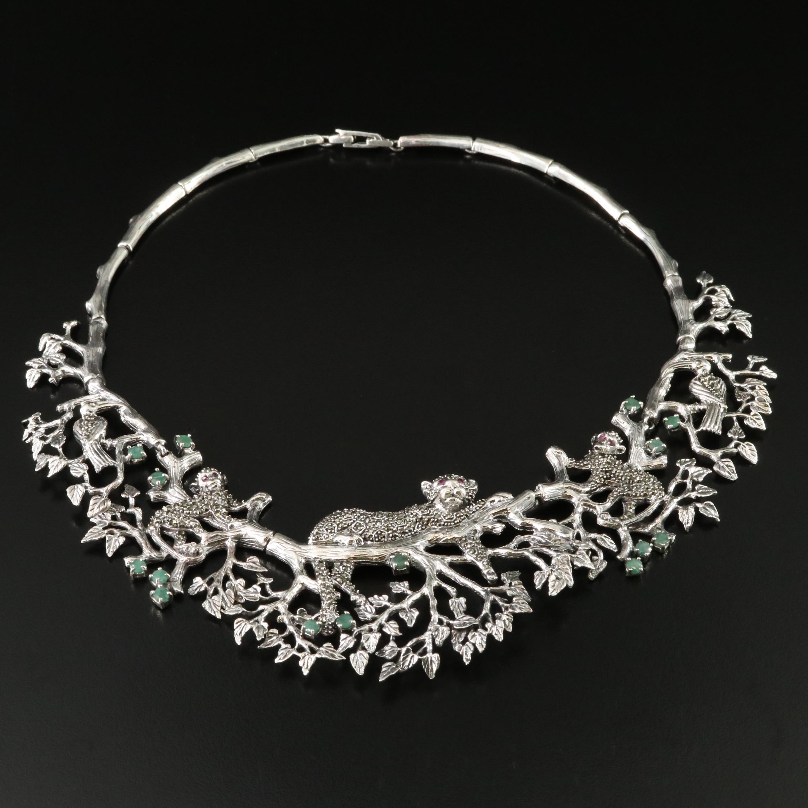 Sterling Emerald, Ruby and Marcasite Jungle Life Necklace