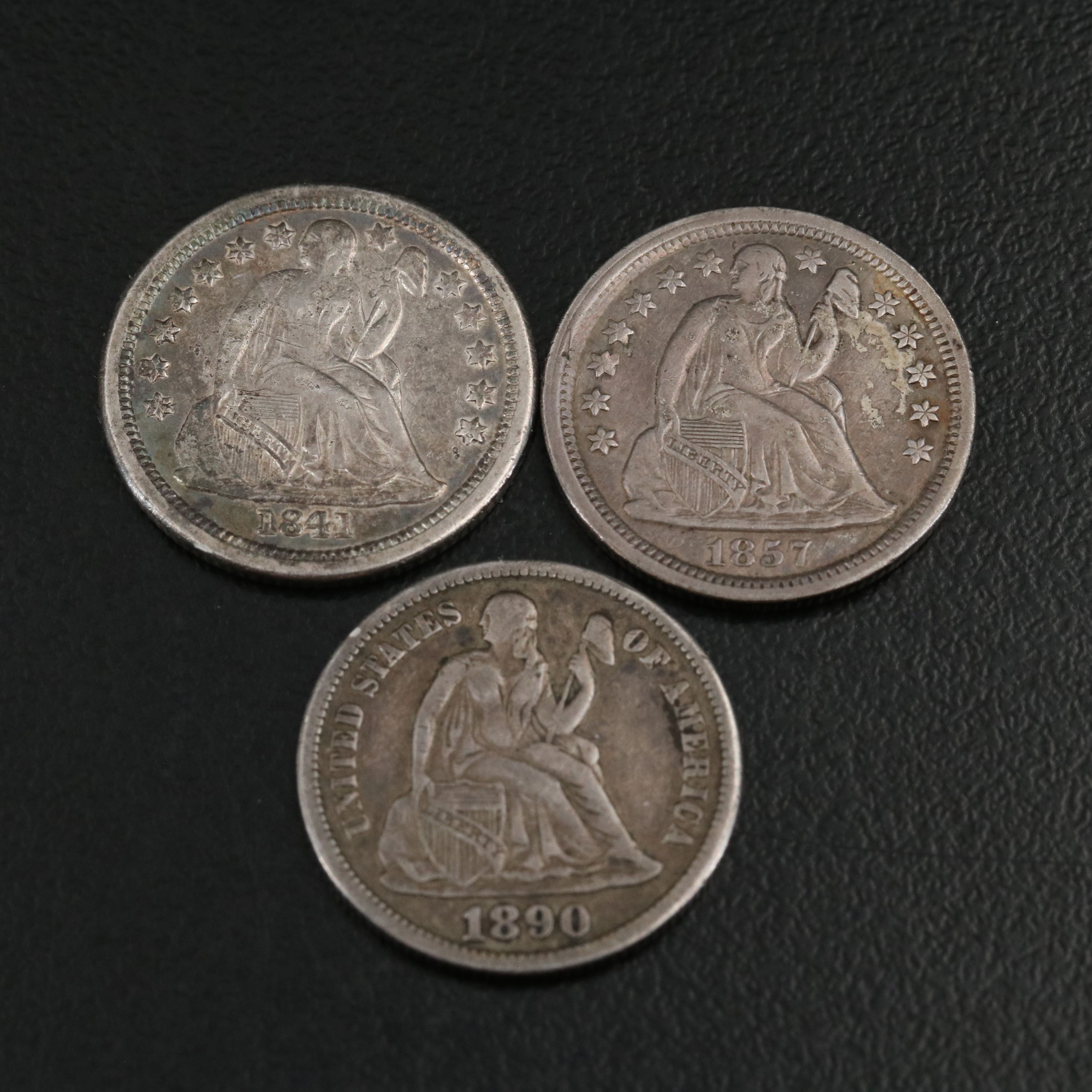 Three Different Seated Liberty Dimes: 1841-O, 1857, and 1891-S