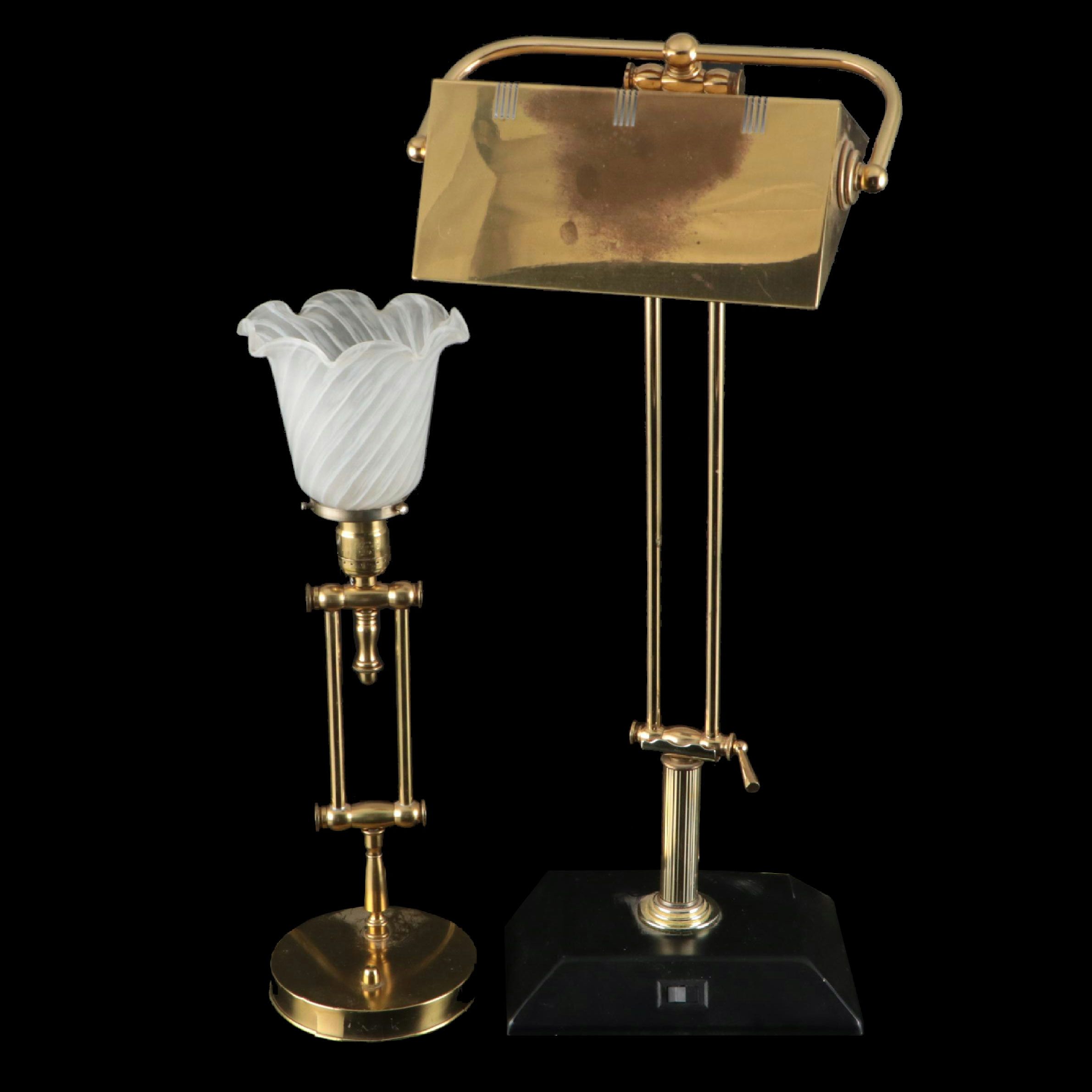 Brass Banker Style Desk Lamp with Adjustable Ruffled Glass Shade Accent Lamp