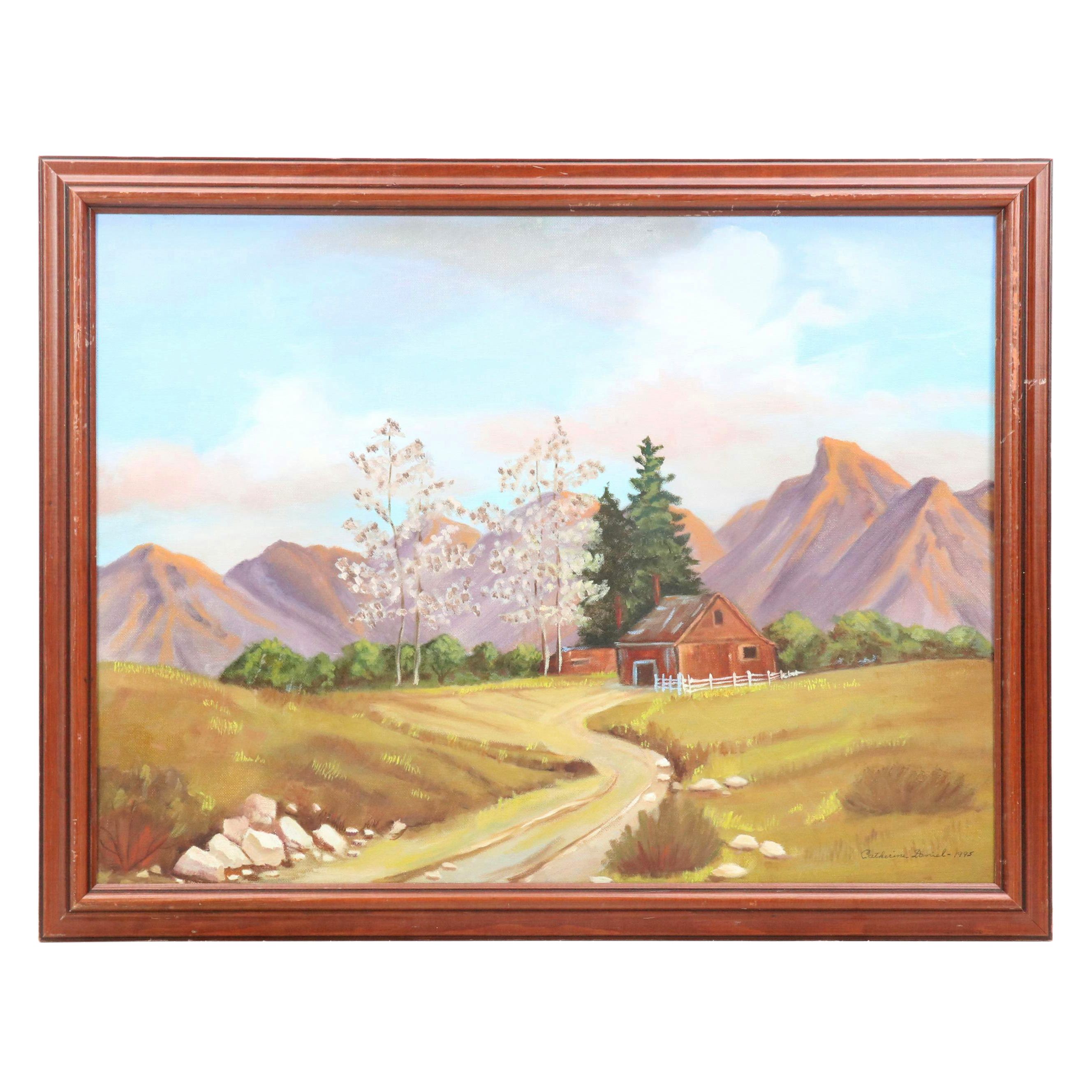 Catherine Daniel Landscape Oil Painting of Mountainside Homestead, 1995