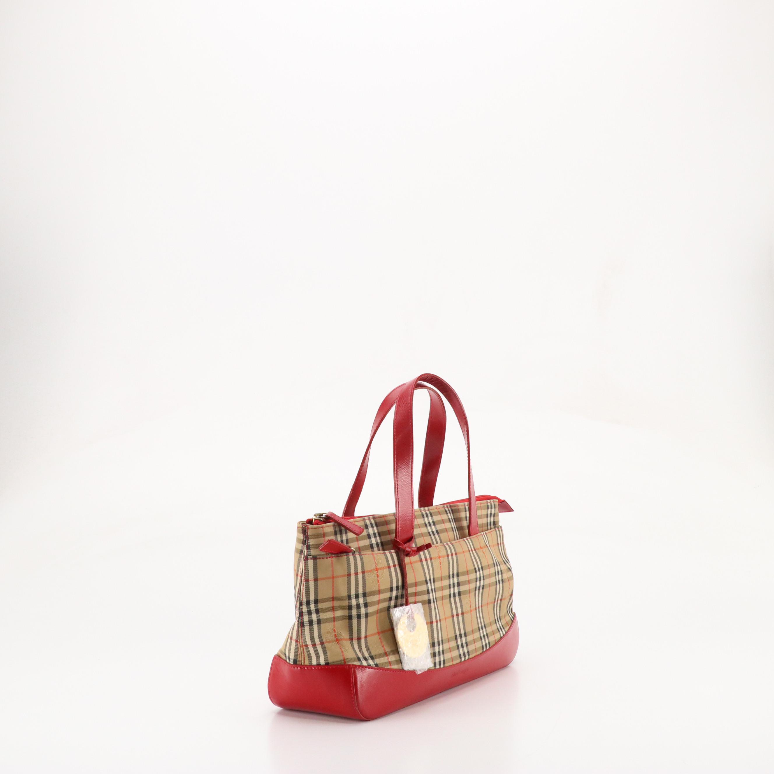 Burberrys Handbag in Haymarket Check Canvas and Red Saffiano Leather Trim